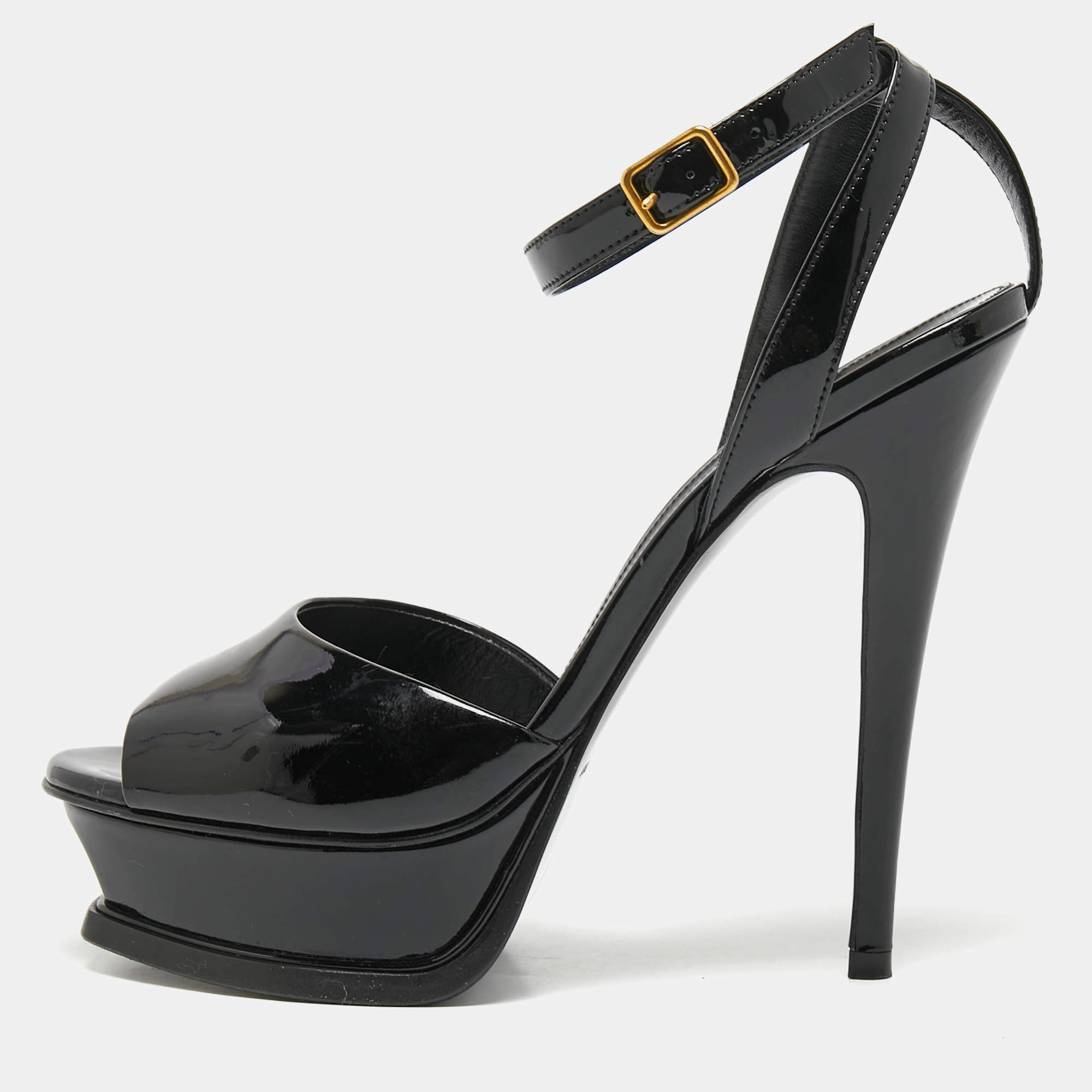 Pre Owned Saint Laurent Black Patent Leather Platform Ankle Strap Sandals Size 37.5