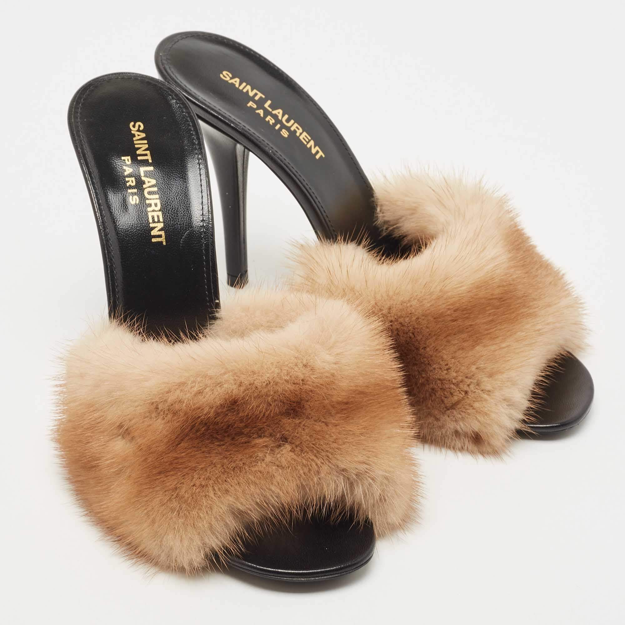 Saint Laurent Mens Bleach Mink Fur Slides In Black