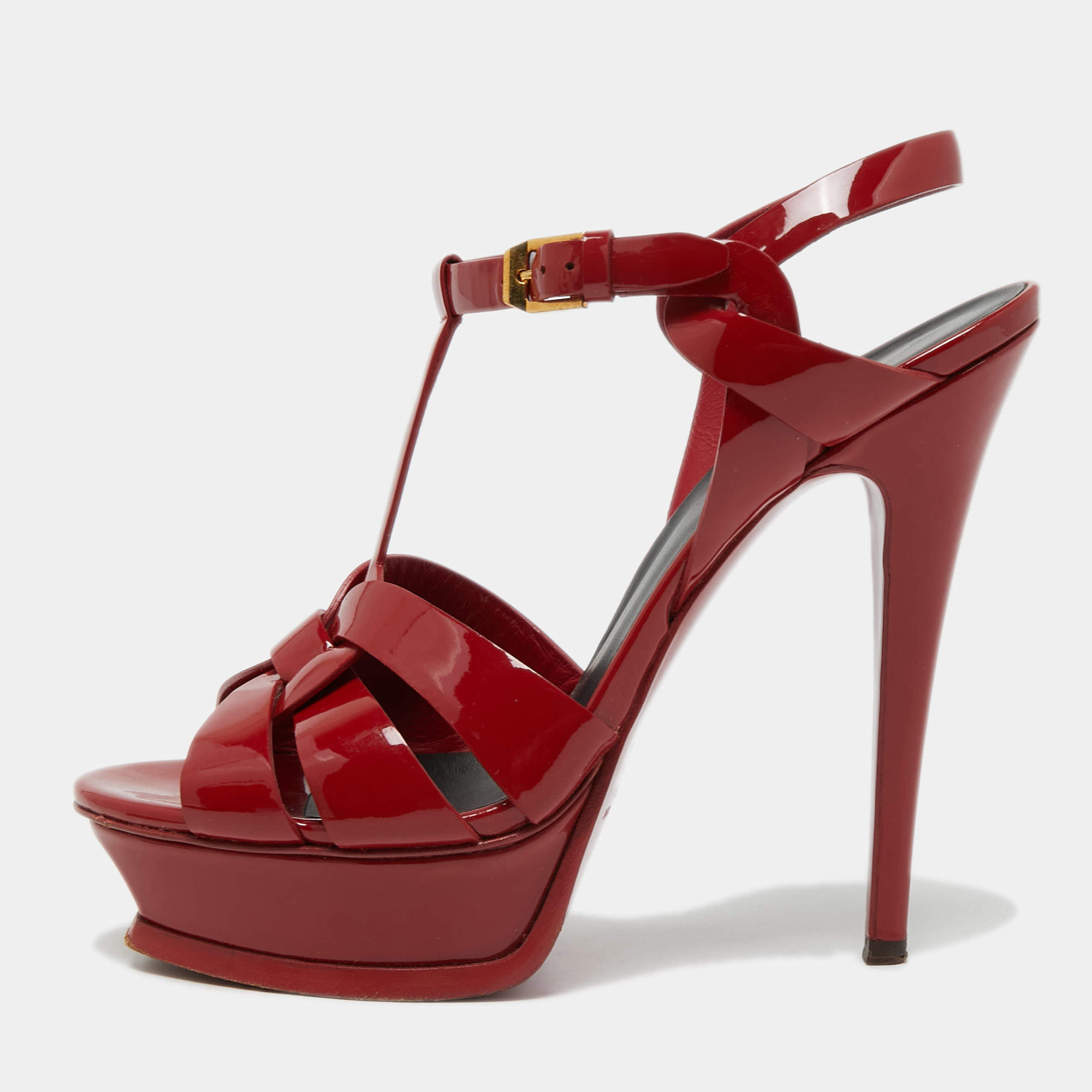 Pre Owned Saint Laurent Dark Red Patent Leather Tribute Sandals Size 38