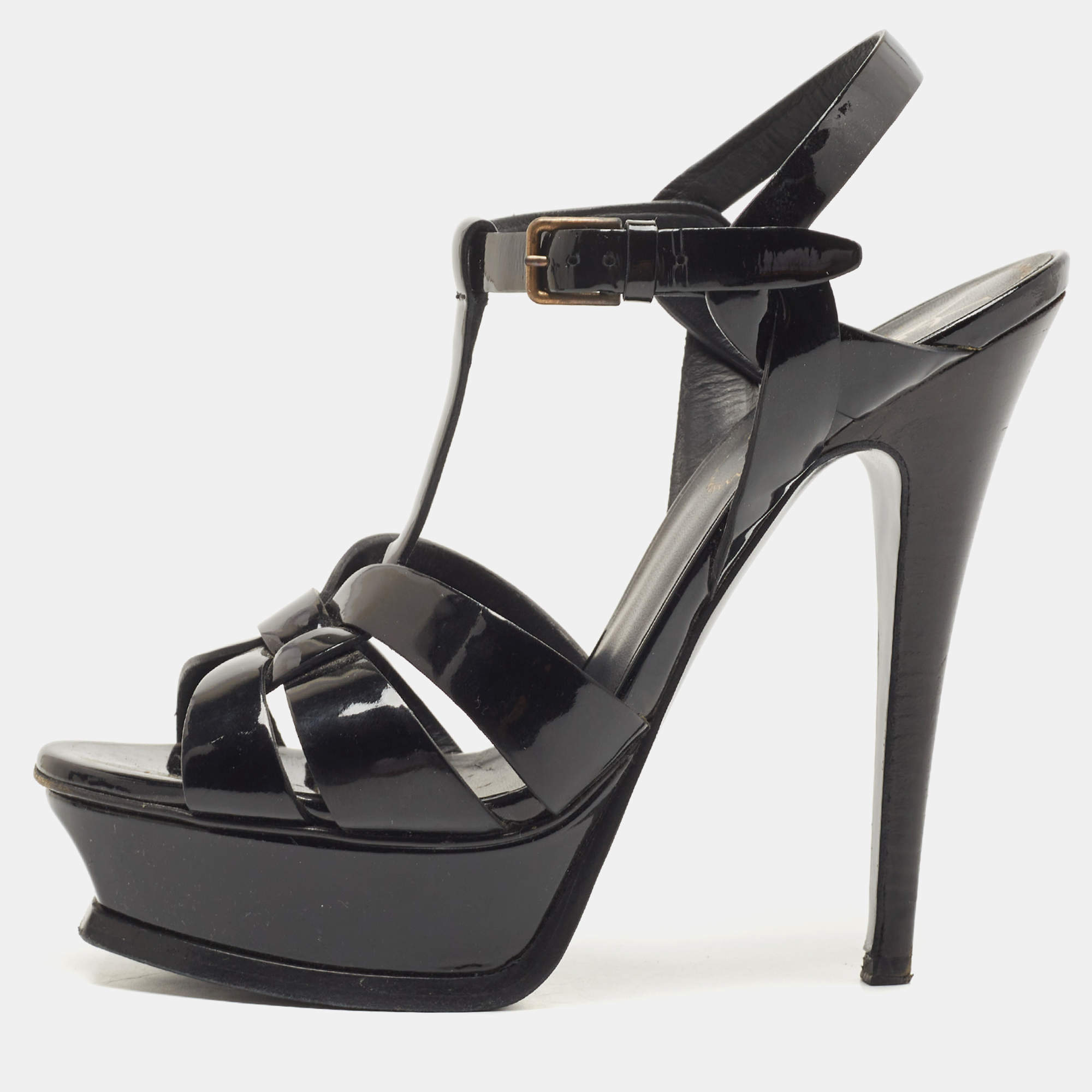 Saint Laurent Black Patent Leather Tribute Sandals Size 36
