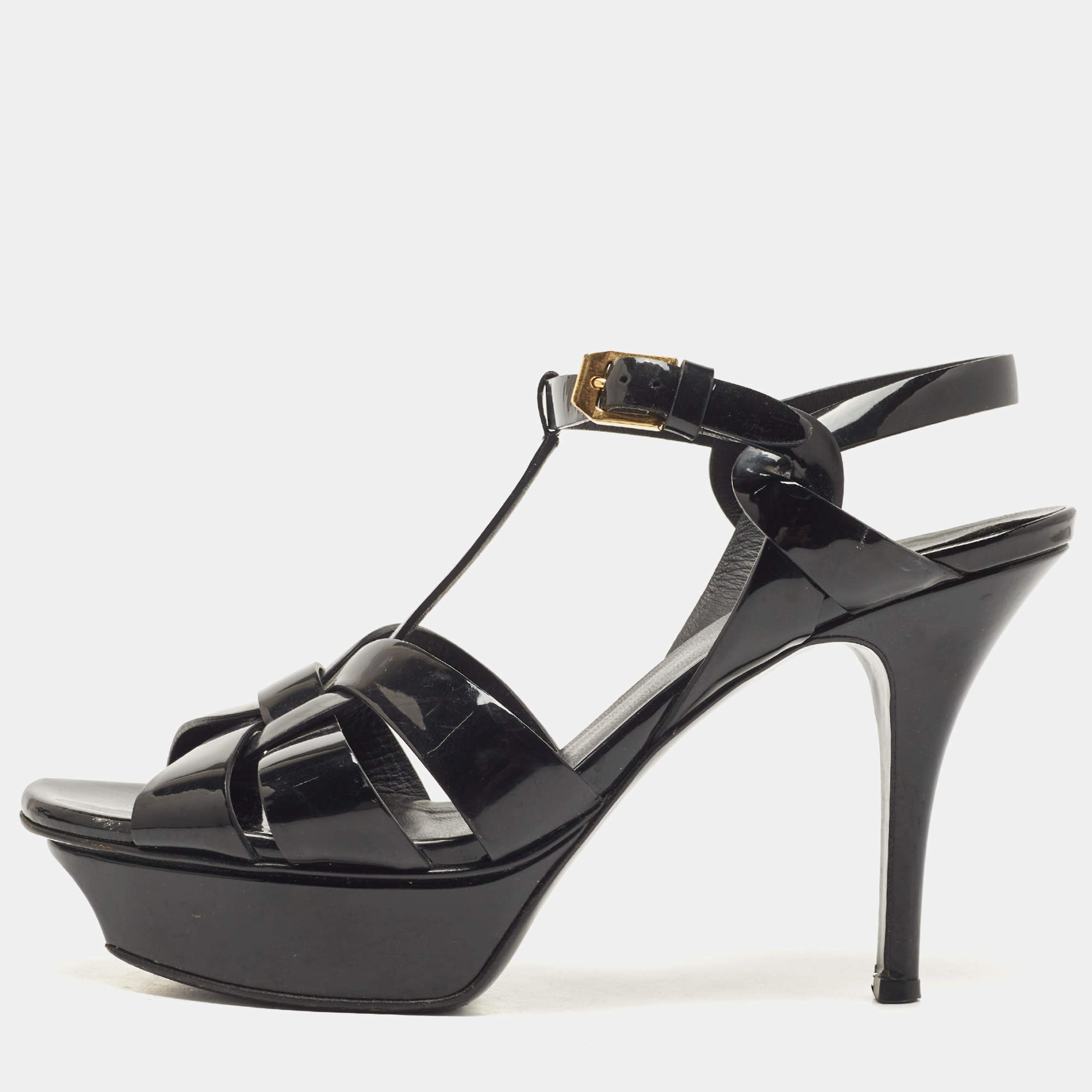 Pre Owned Saint Laurent Black Patent Leather Tribute Sandals Size 36.5