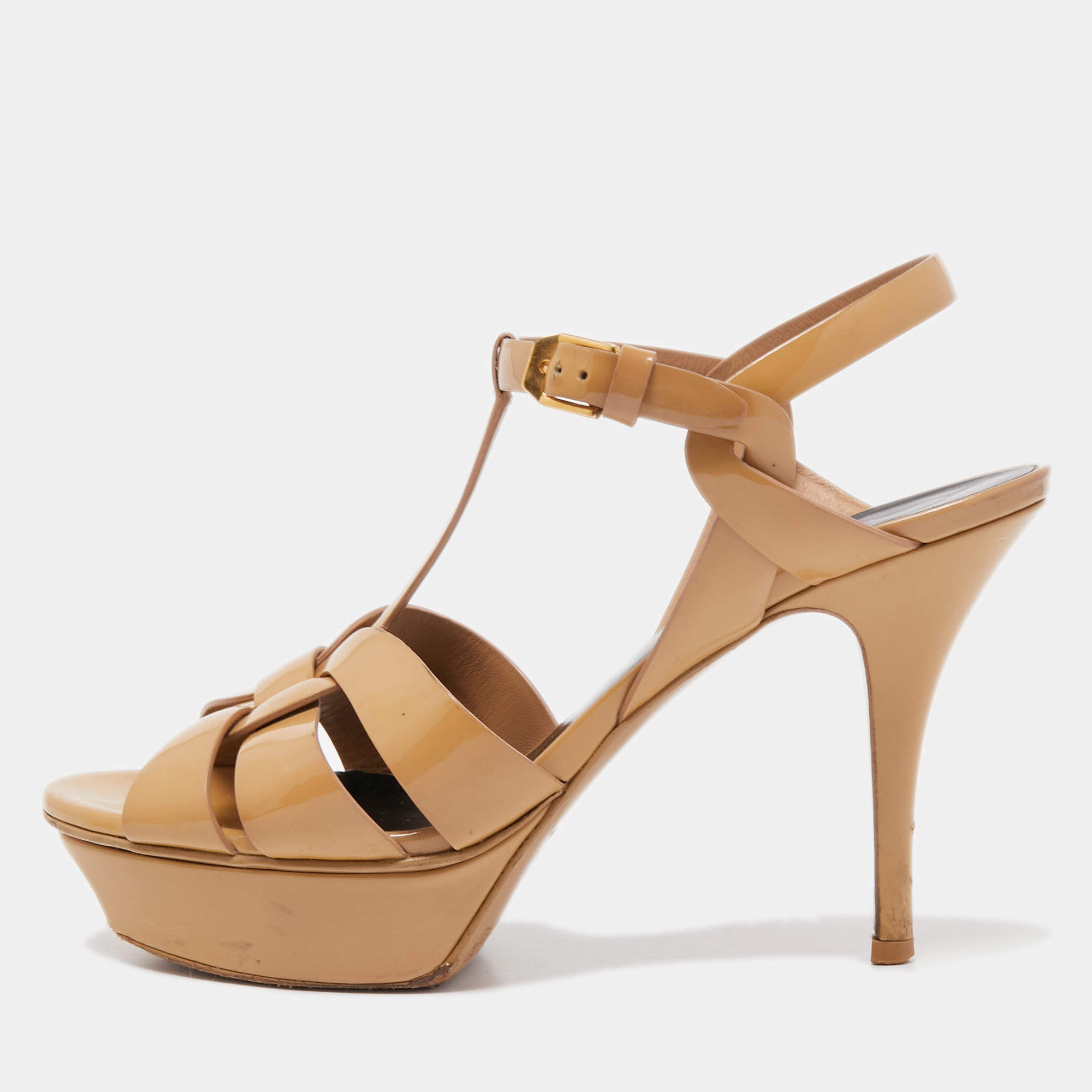 مملوكة مسبقًا Saint Laurent Beige Patent Leather Tribute Sandals Size 37.5