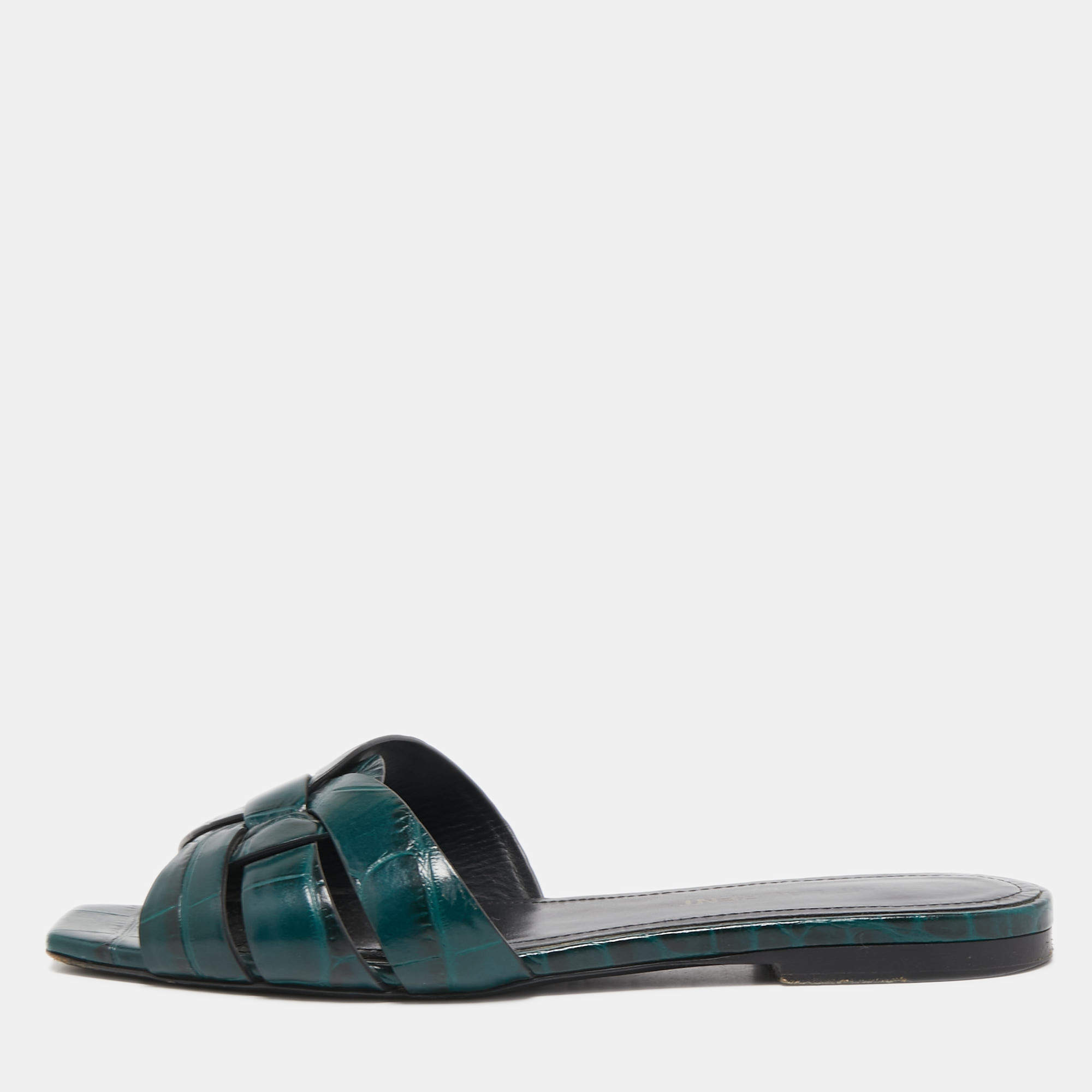 Saint Laurent Green Croc Embossed Leather Tribute Flat Slides Size 35