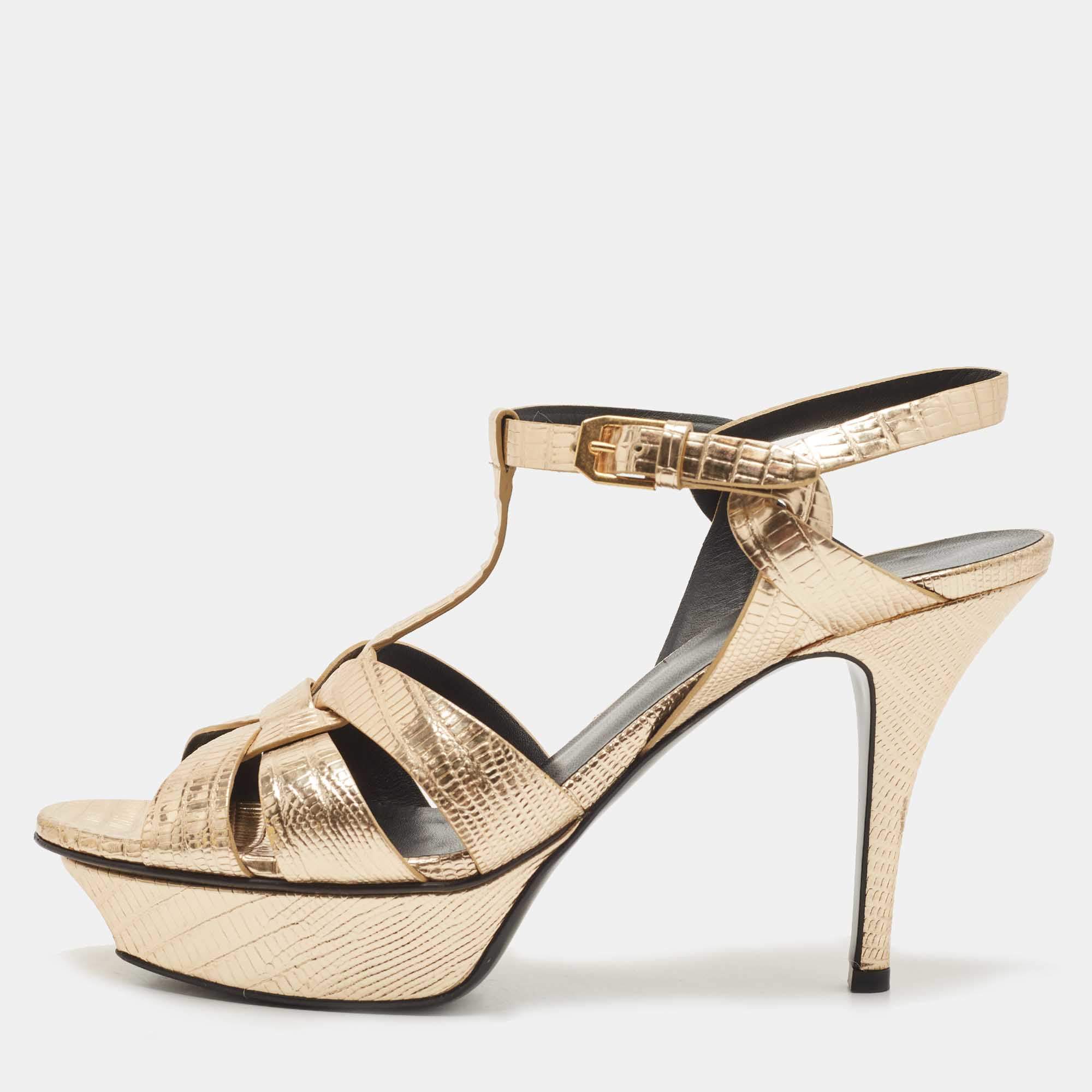 Pre Owned Saint Laurent Gold Lizard Embossed Leather Tribute Sandals Size 38.5