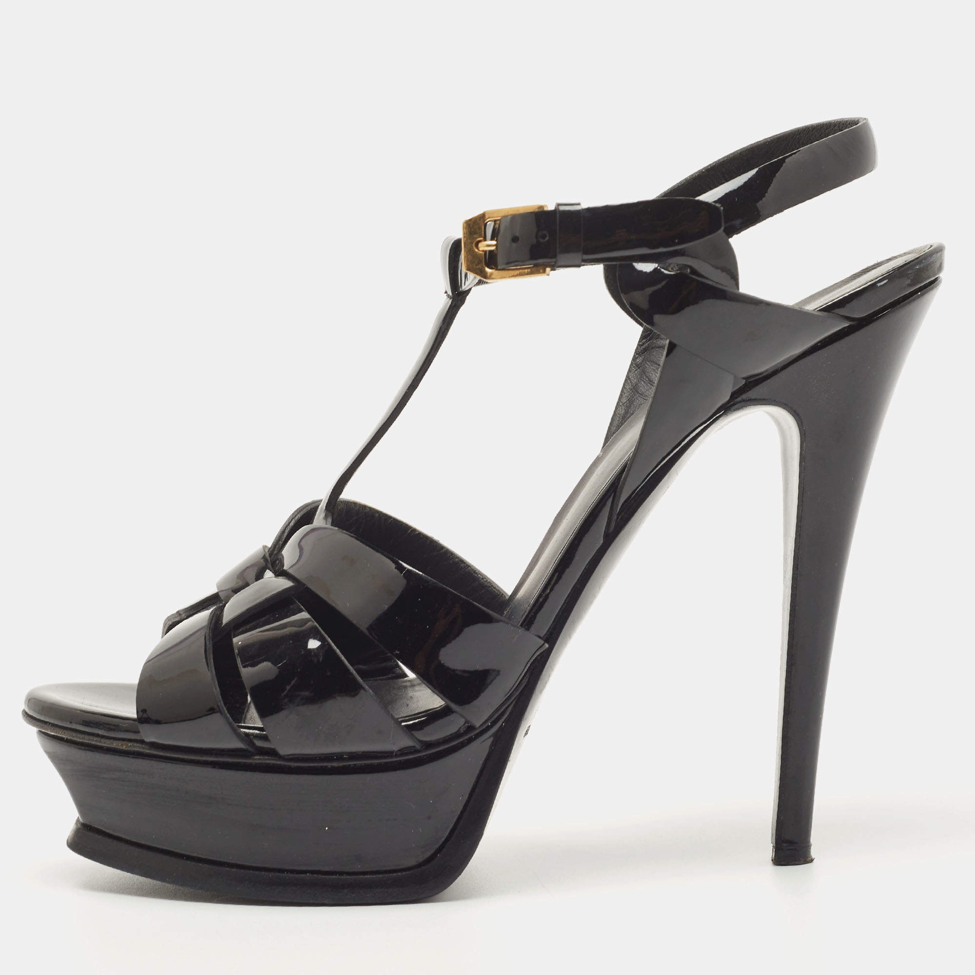 Pre Owned Saint Laurent Paris Black Patent Leather Tribute Platform Ankle Strap Sandals Size 38.5