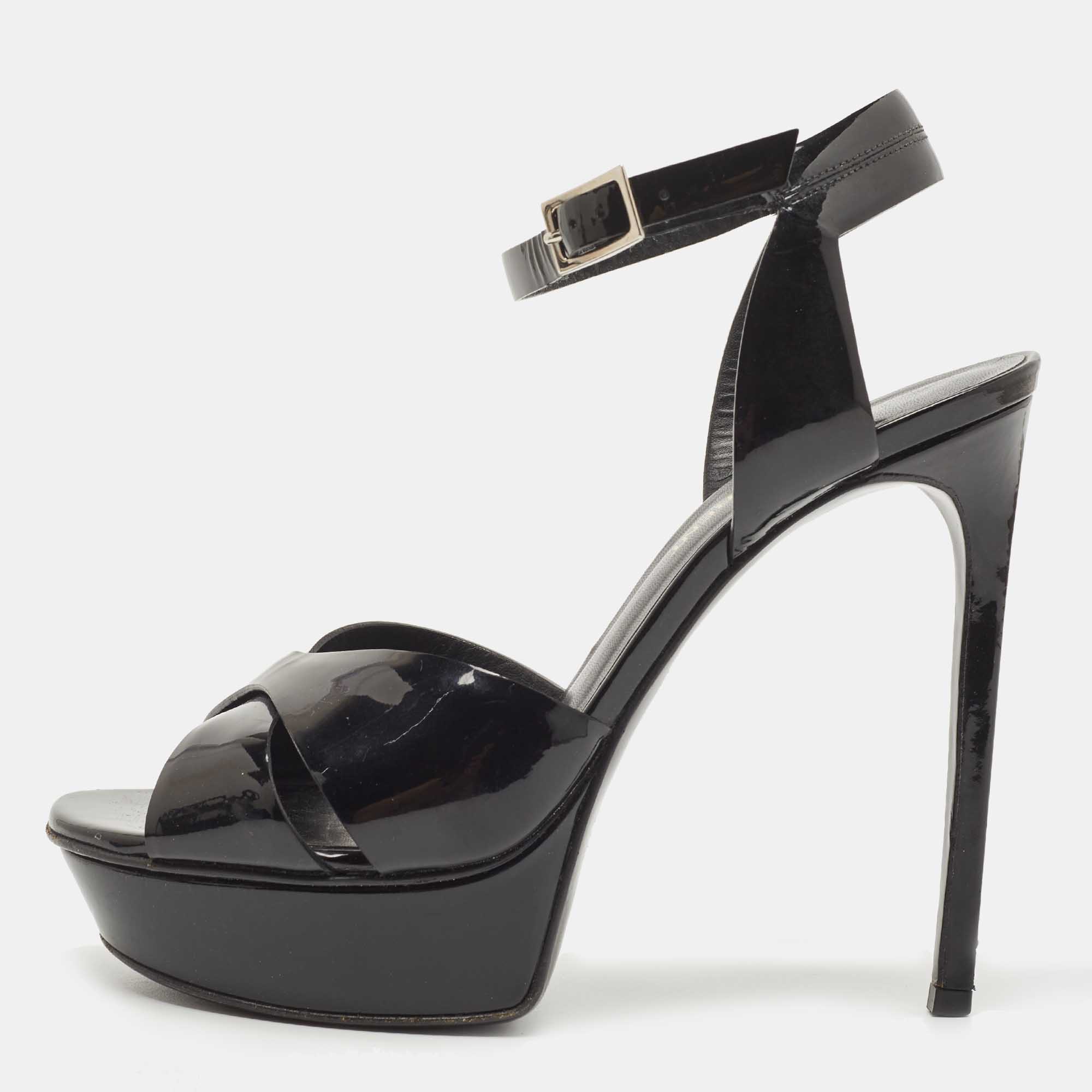 Pre Owned Saint Laurent Black Patent Leather Ankle Strap Sandals Size 39
