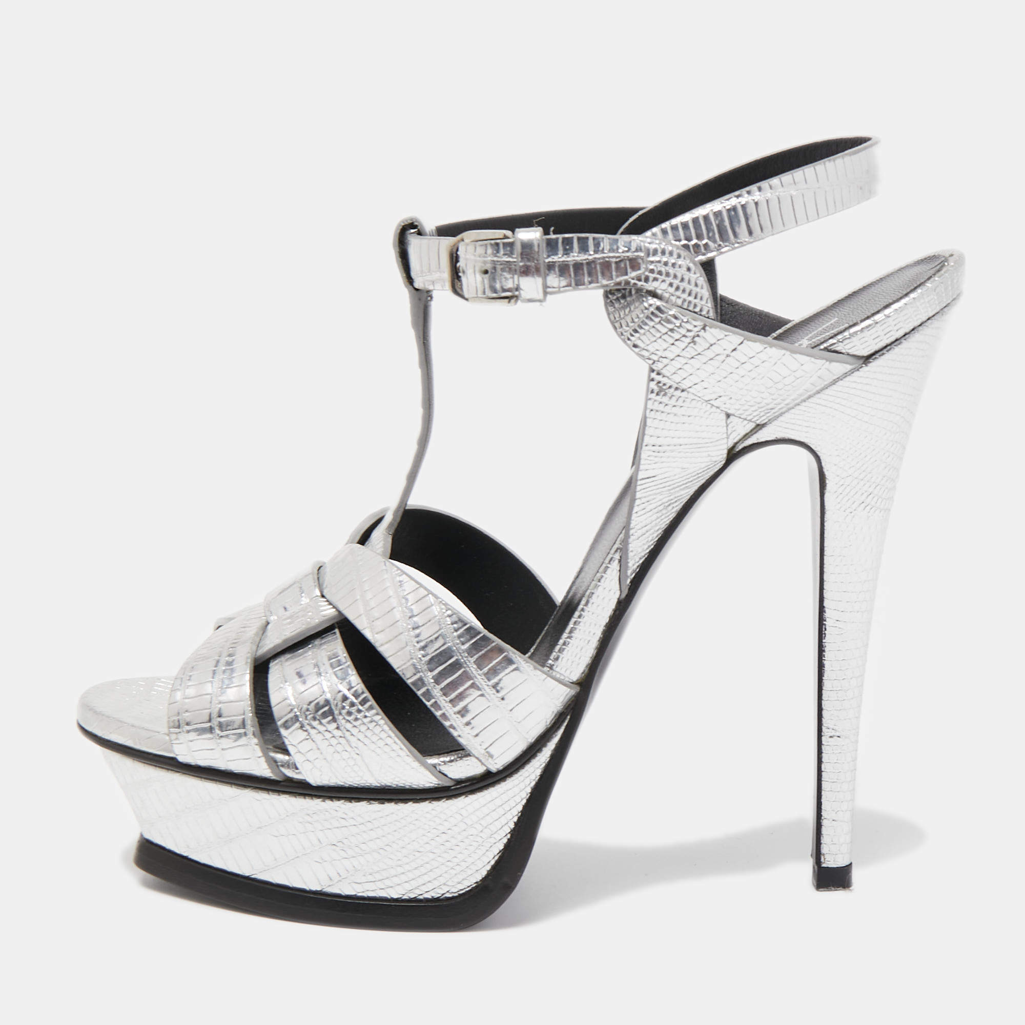 مملوكة مسبقًا Saint Laurent Silver Lizard Embossed Leather Tribute Sandals Size 37