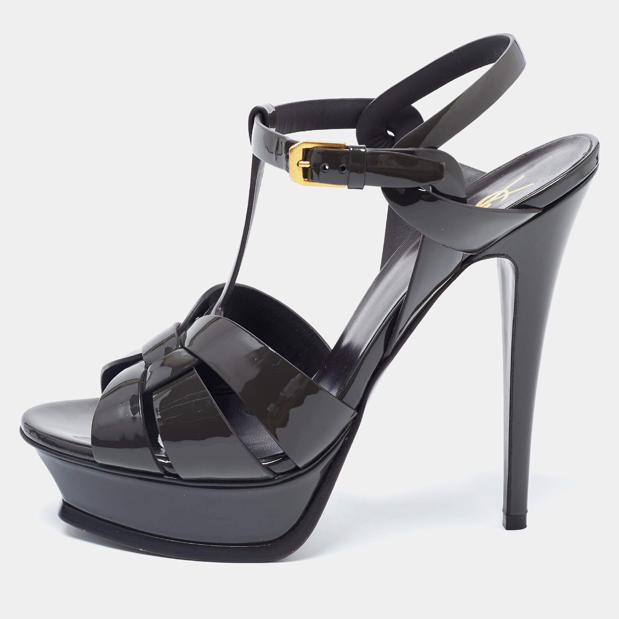 Saint Laurent Dark Green Patent Tribute Sandals Size 39