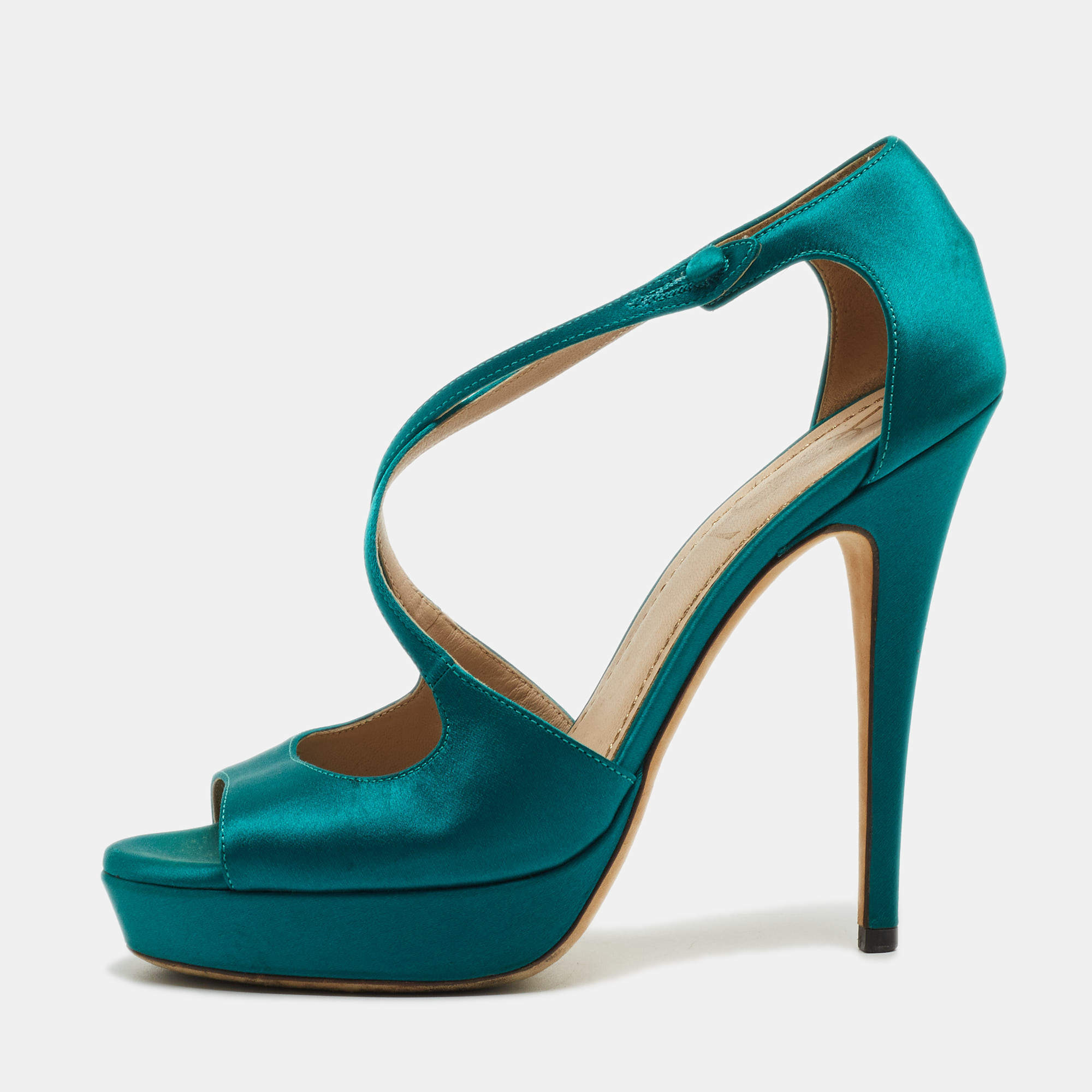 Saint Laurent Teal Satin Cross Strap Platform Sandals Size 38