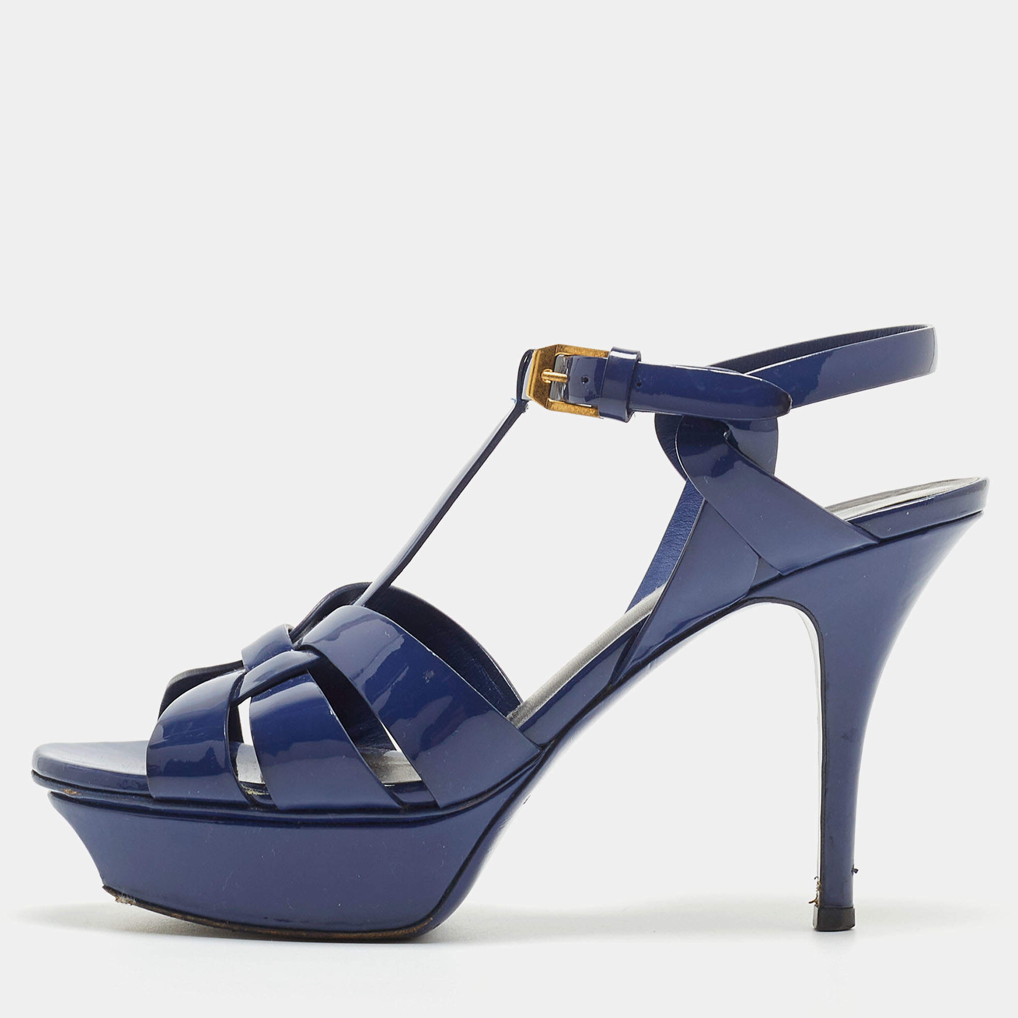 مملوكة مسبقًا Saint Laurent Blue Patent Leather Tribute Sandals Size 36.5