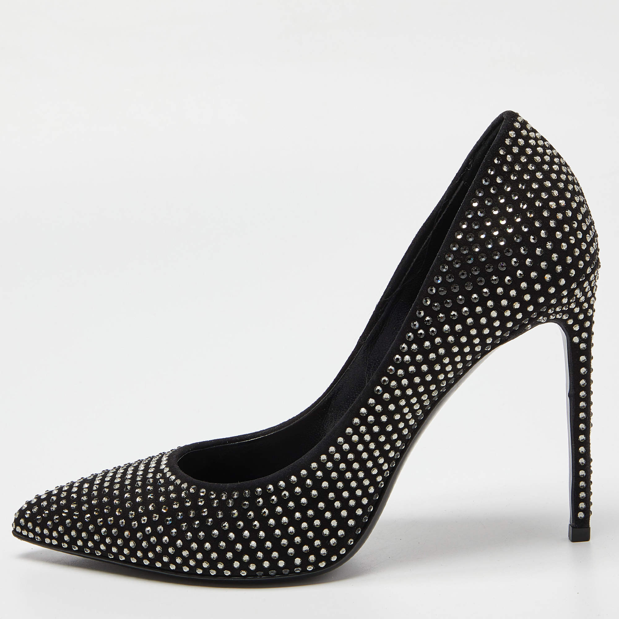 مملوكة مسبقًا Saint Laurent Black Suede Crystal Embellished Pointed Pumps Size 38