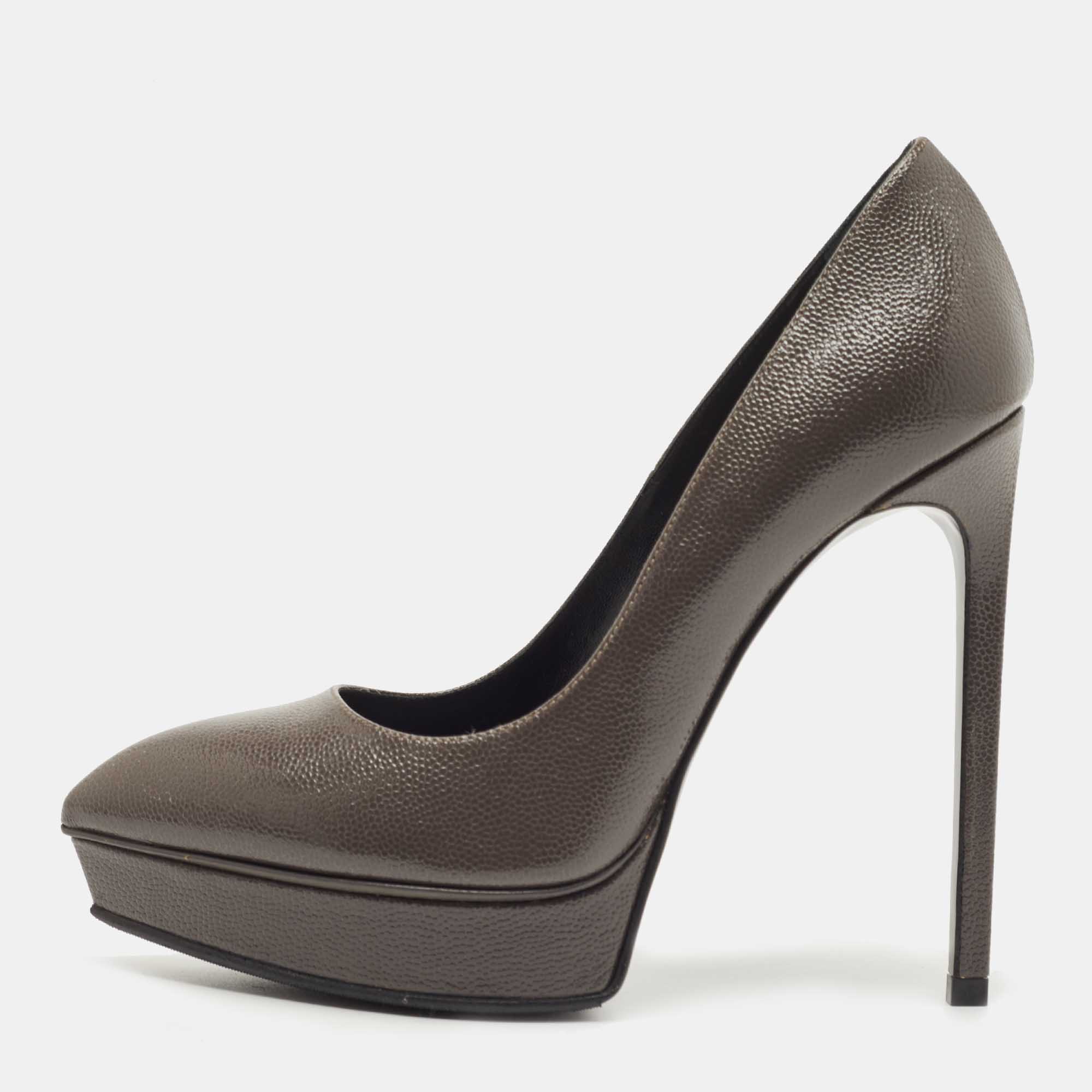 Saint Laurent Grey Textured Leather Janis Pumps Size 36
