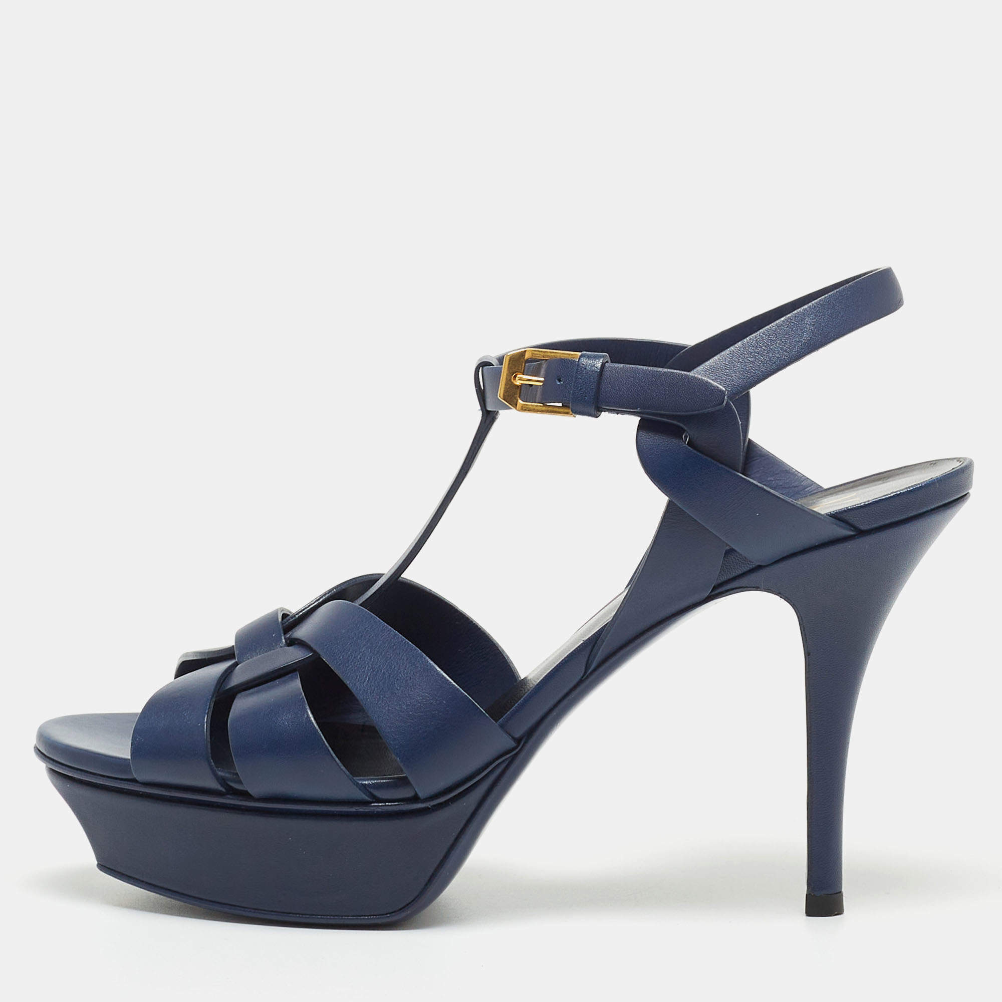Saint Laurent Paris Navy Blue Leather Tribute Platform Ankle Strap Sandals Size 38