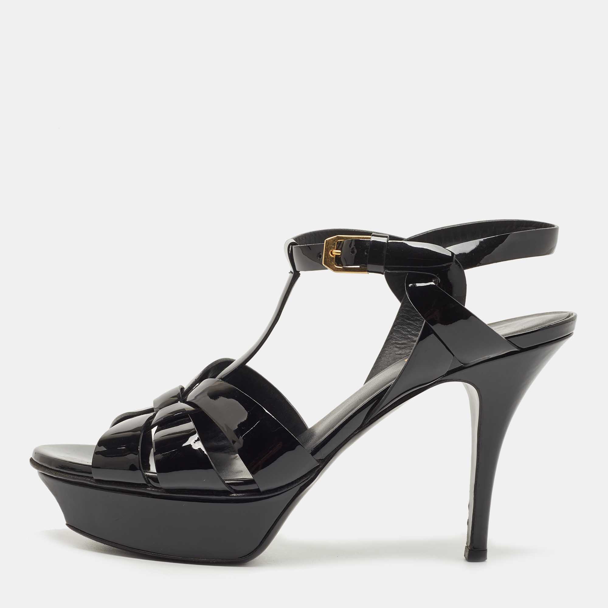 Saint Laurent Black Patent Leather Tribute  Sandals Size 38