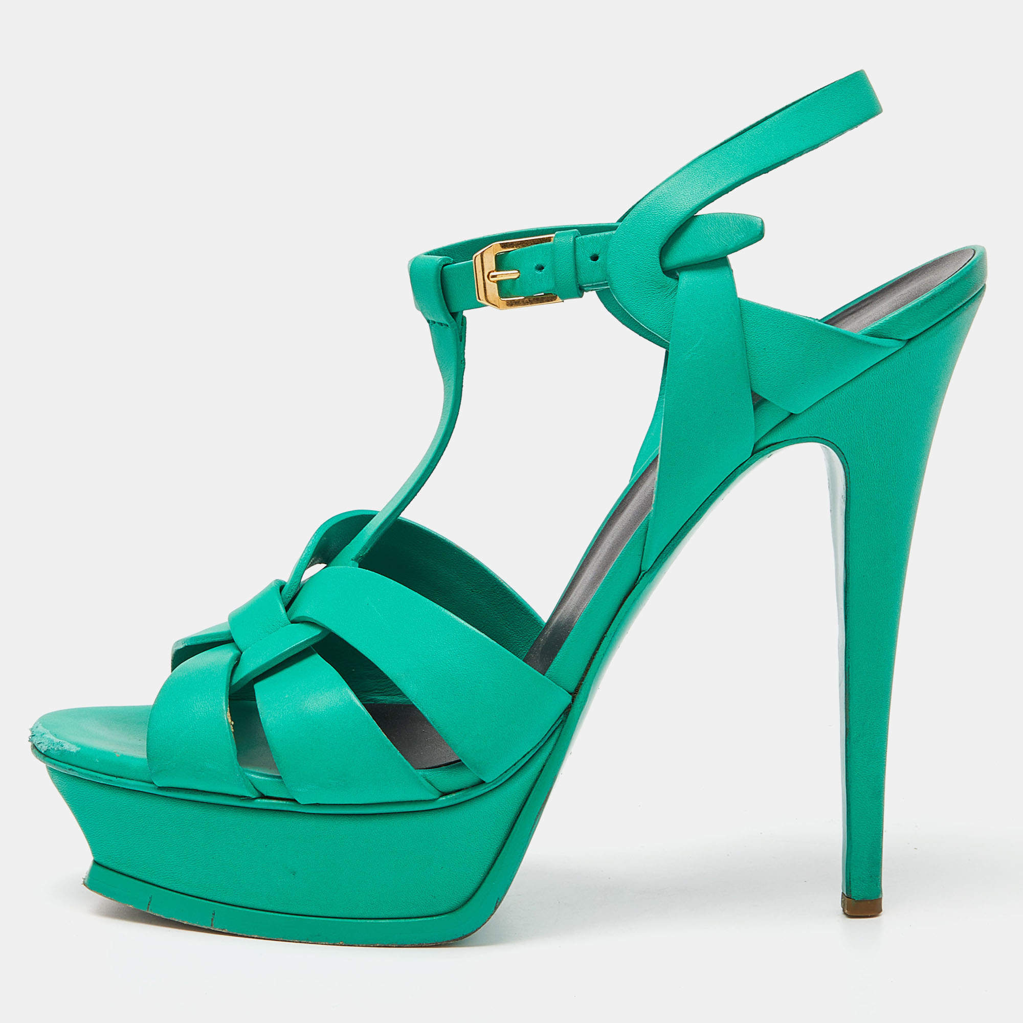 Saint Laurent Green Leather Tribute Sandals Size 40