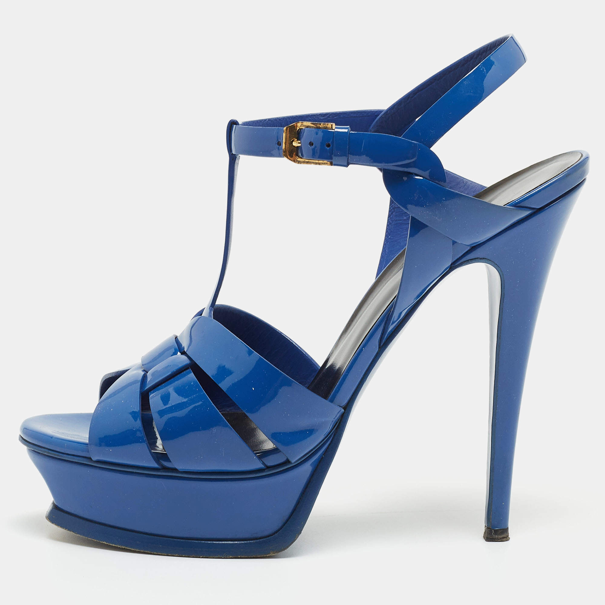 Pre Owned Saint Laurent Blue Patent Tribute Ankle Strap Sandals Size 39