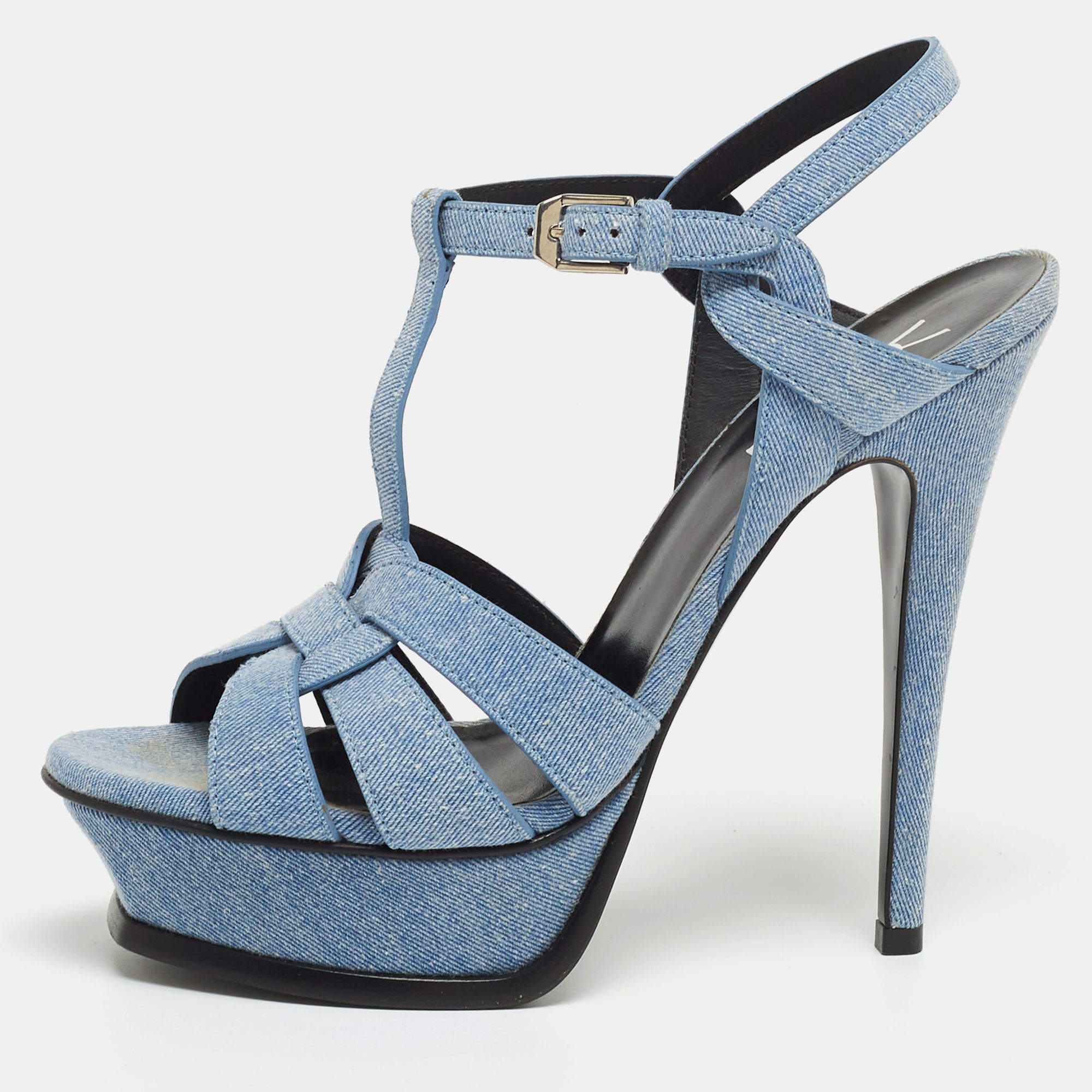 Pre Owned Saint Laurent Navy Blue Denim Tribute Platform Ankle Strap Sandals Size 37