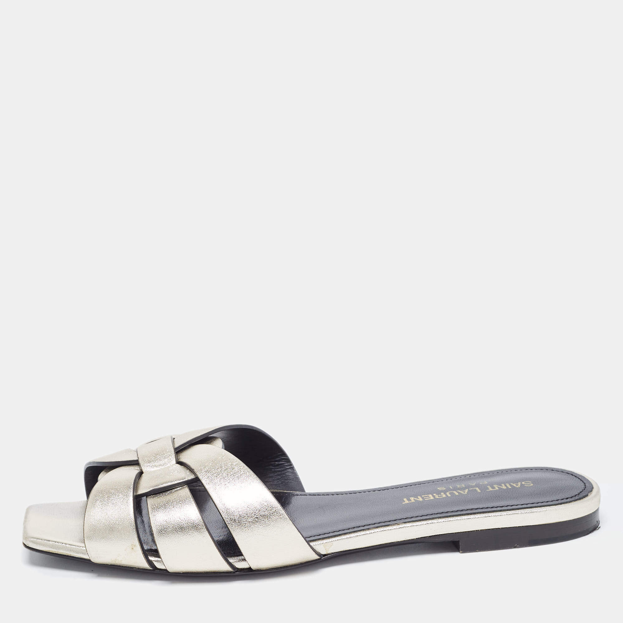 Saint Laurent Metallic Leather Tribute Slides Size 36