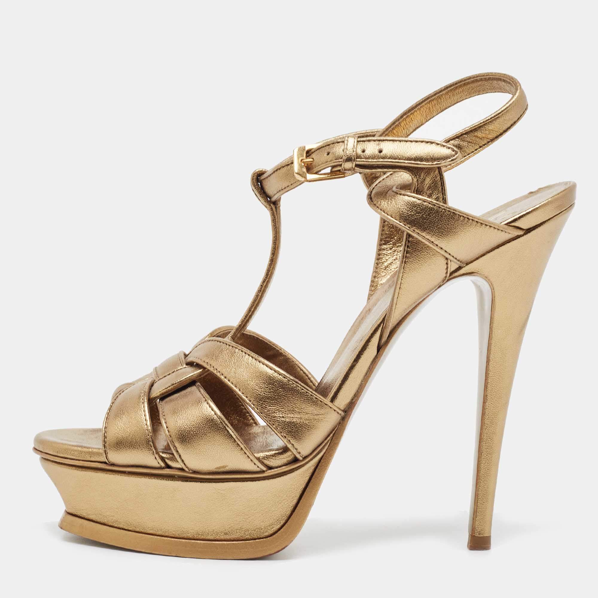Pre Owned Saint Laurent Gold Leather Tribute Sandals Size 38