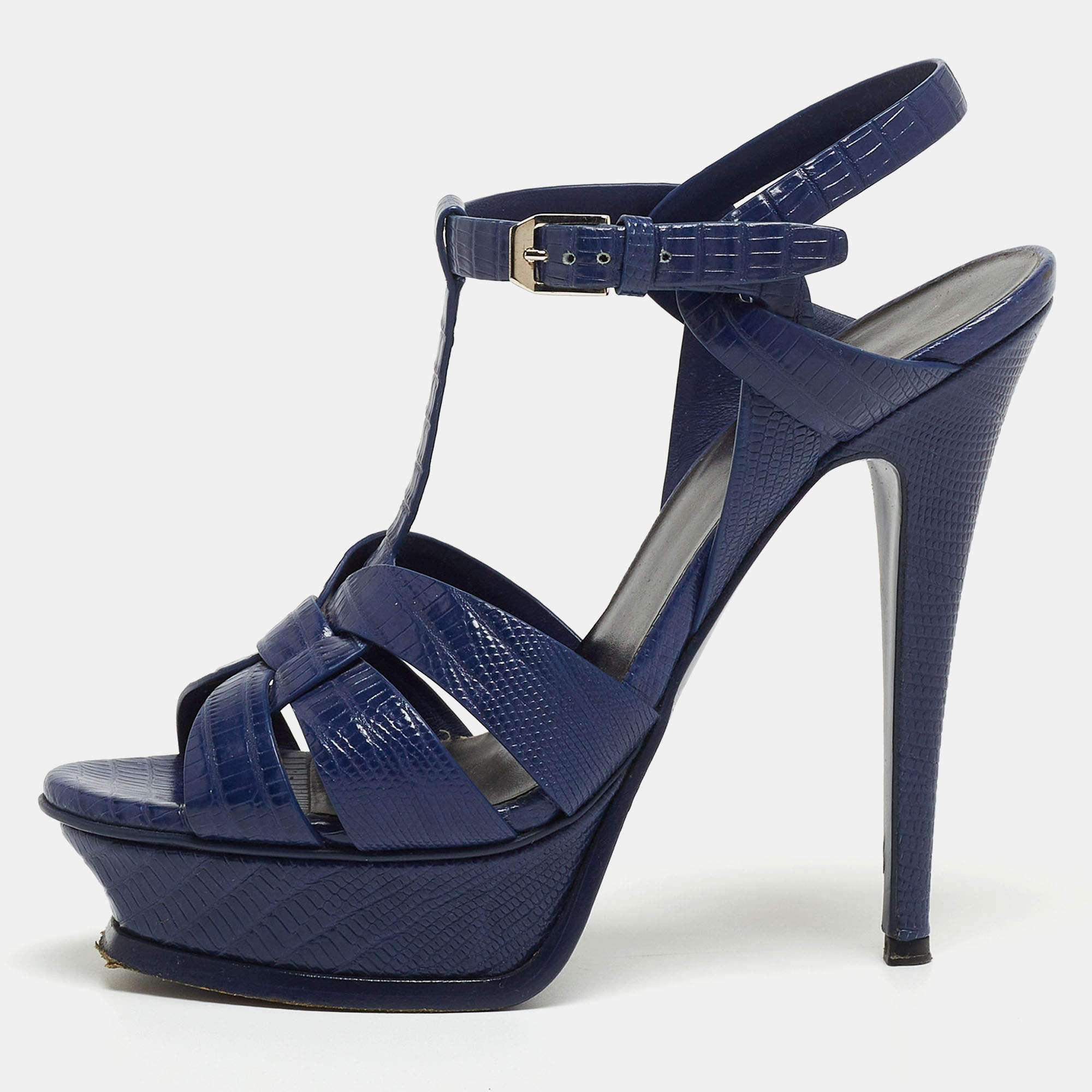 Saint Laurent Blue Lizard Embossed Tribute Sandals Size 37