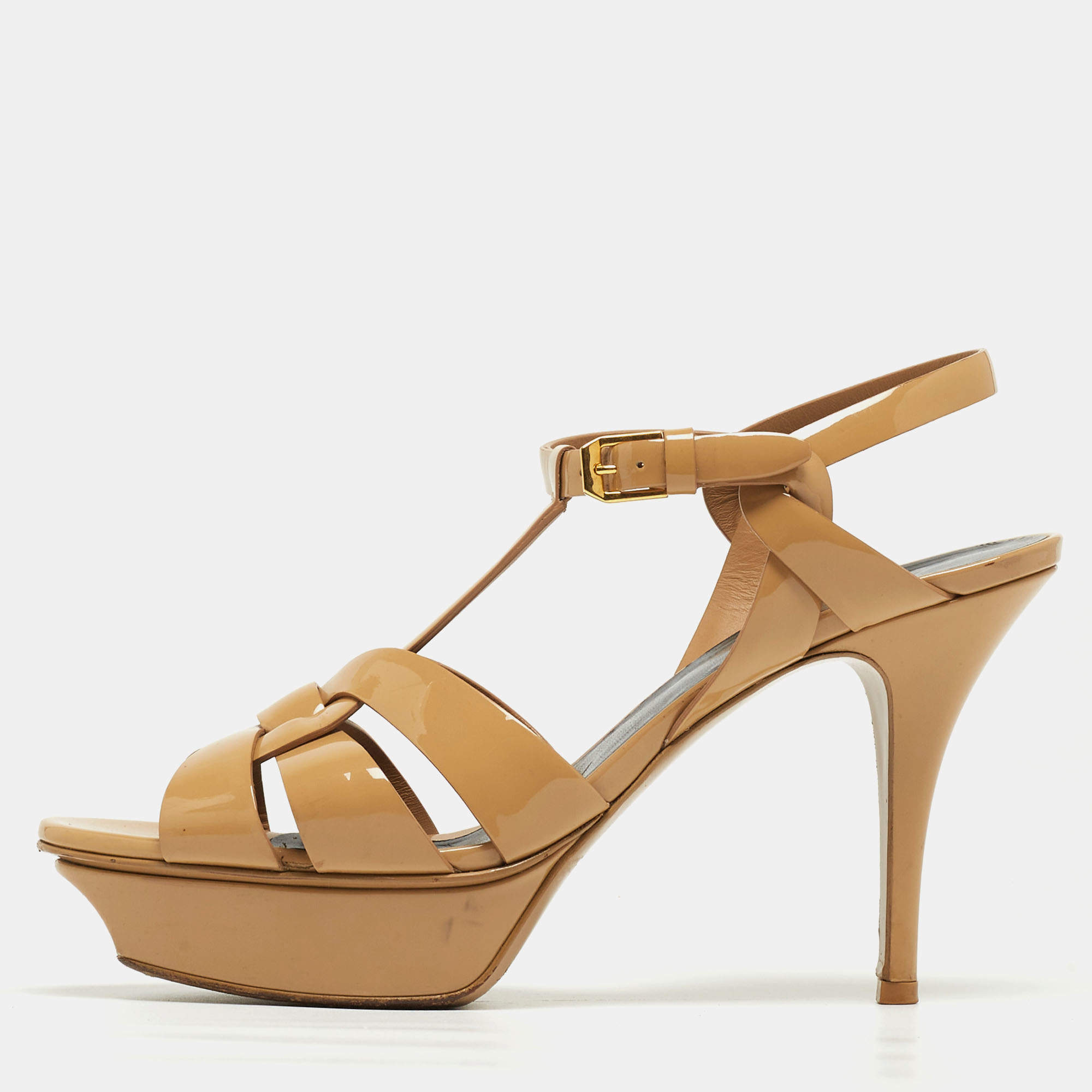 Saint Laurent Beige Patent Leather Tribute Sandals Size 39.5