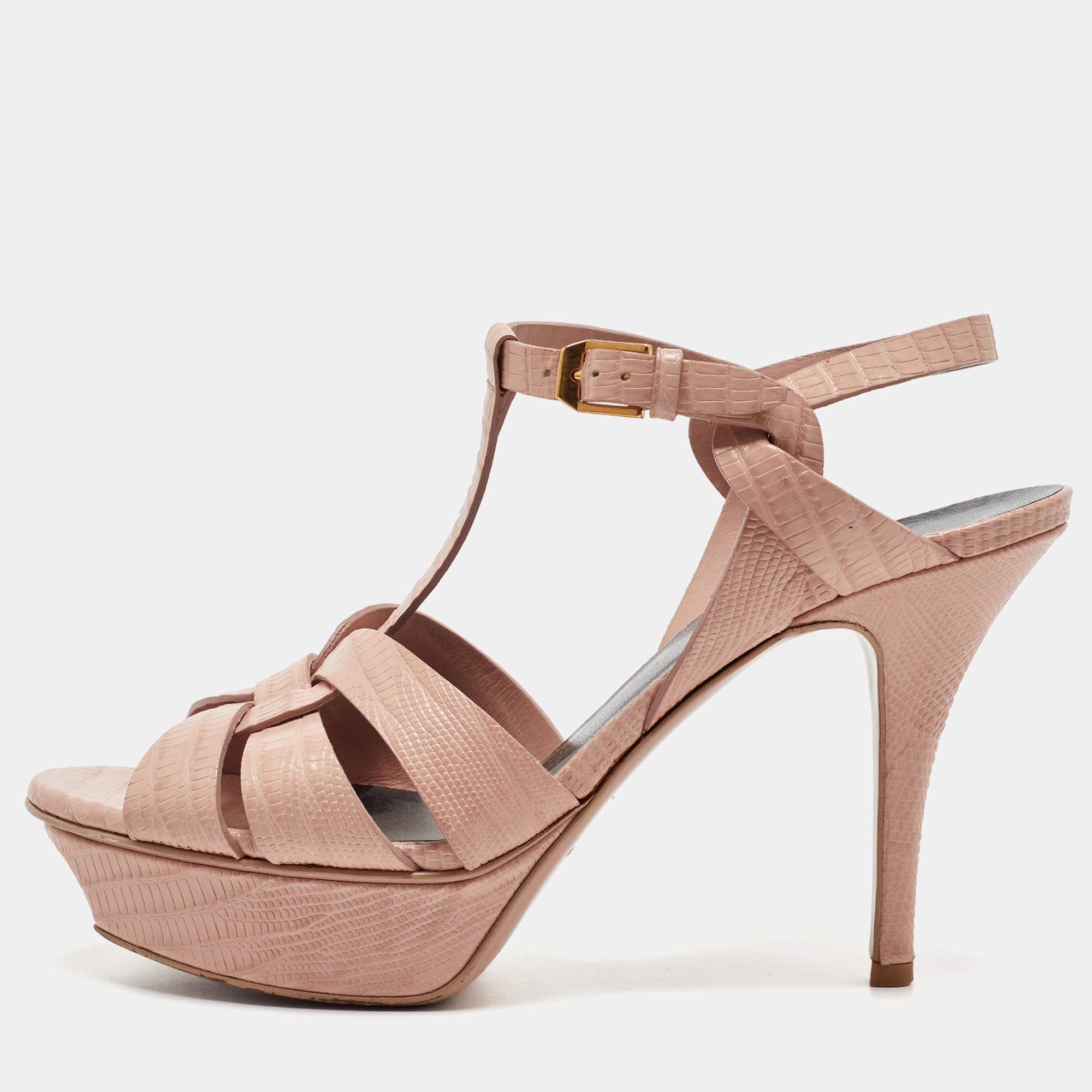 Saint Laurent Pink Embossed Lizard Tribute Sandals Size 38