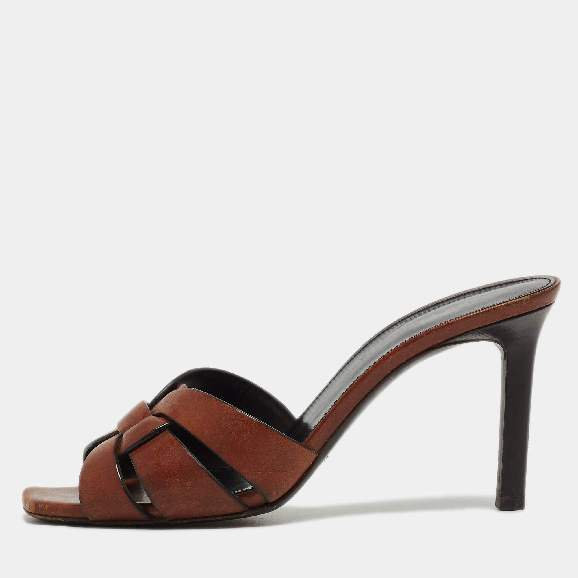 Saint Laurent Paris Brown Leather Tribute Open Slide Sandals Size 37