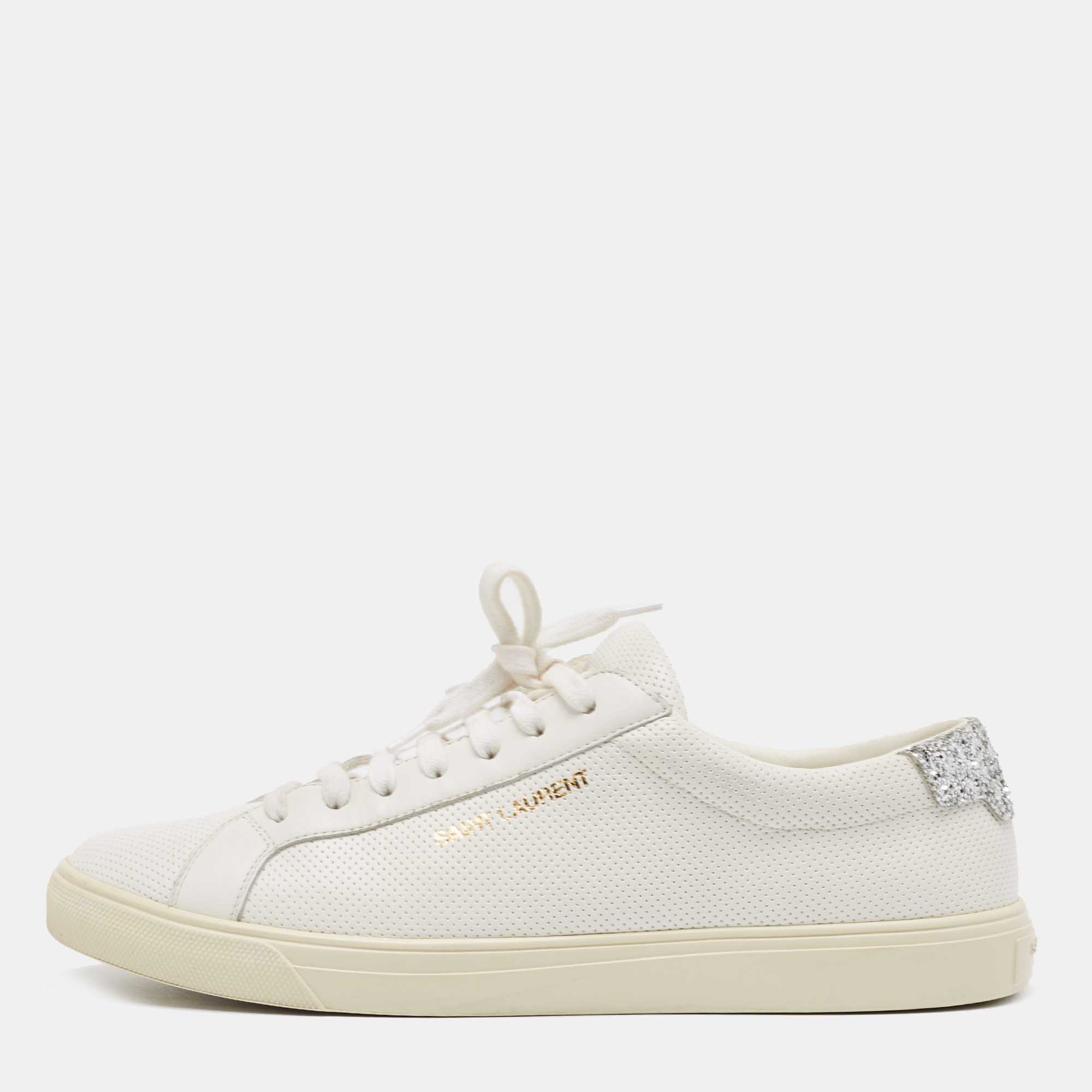 Saint Laurent Silver/White Leather and Glitter Andy Sneakers Size 40