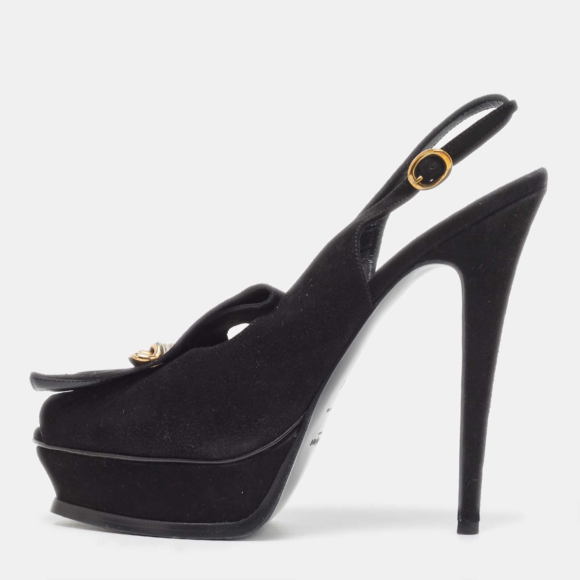 مملوكة مسبقًا Saint Laurent Black Suede Fringe Chain Slingback Sandals Size 41