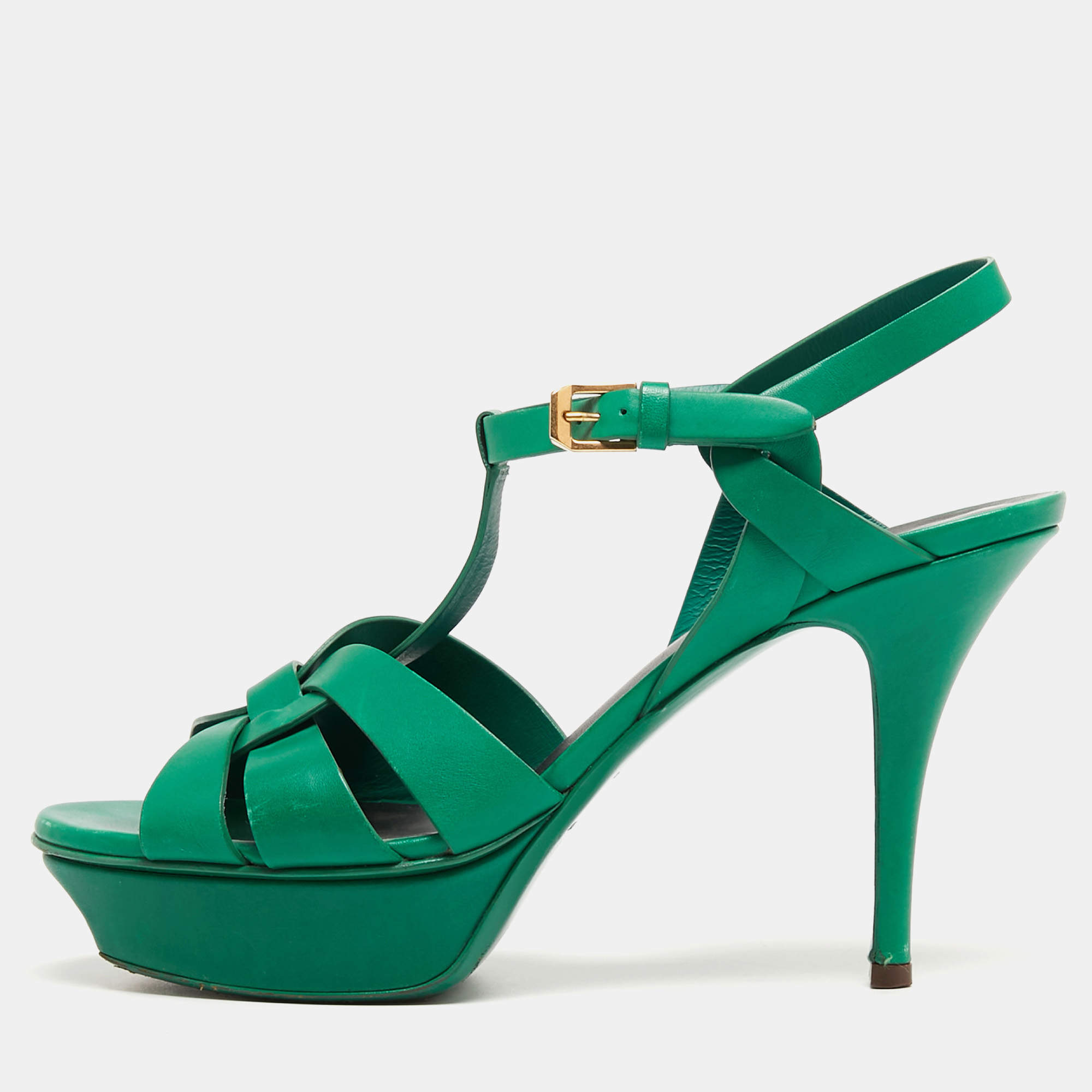 Pre Owned Saint Laurent Green Leather Tribute Ankle Strap Sandals Size 39