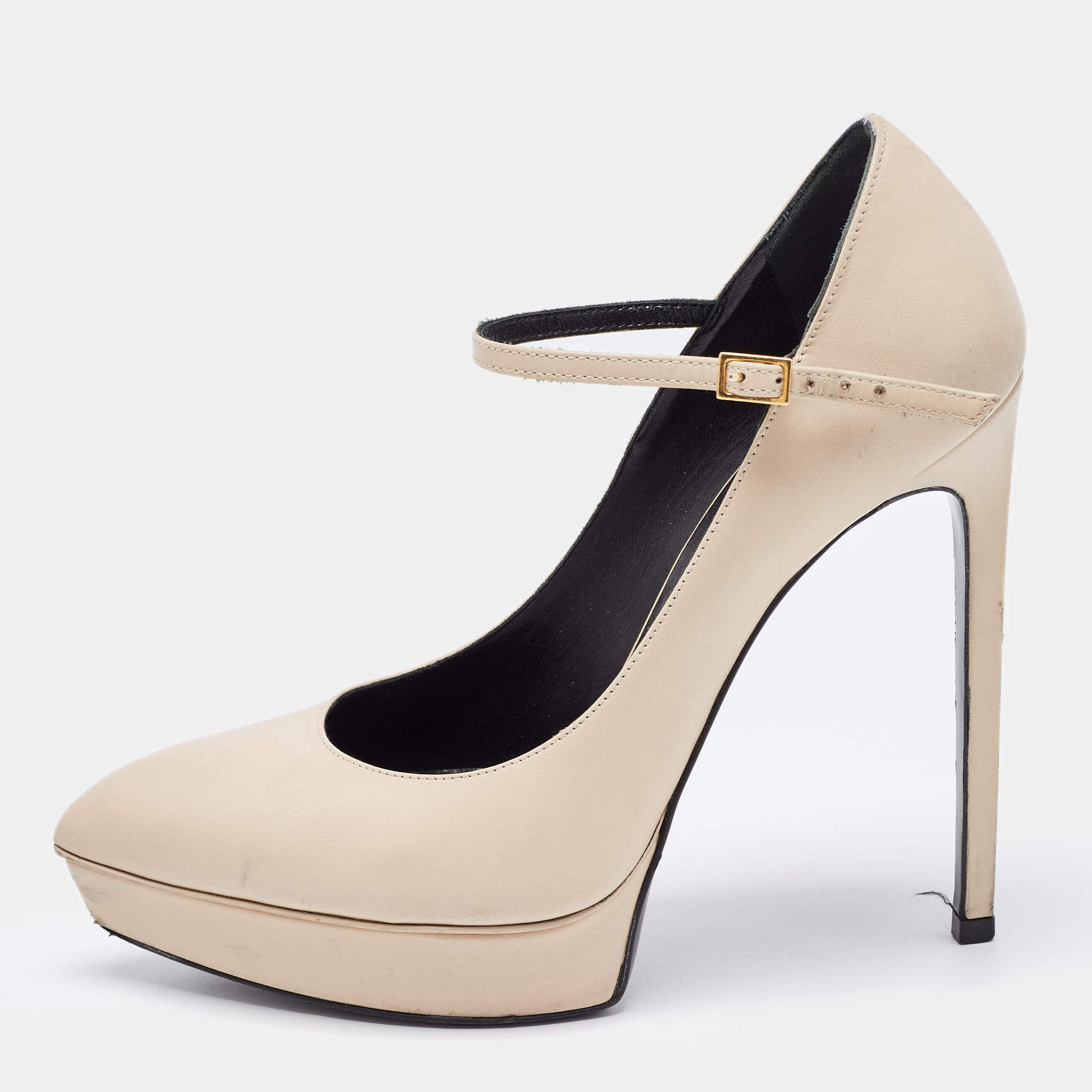 مملوكة مسبقًا Saint Laurent Beige Leather Janis Mary Jane Pumps Size 37.5