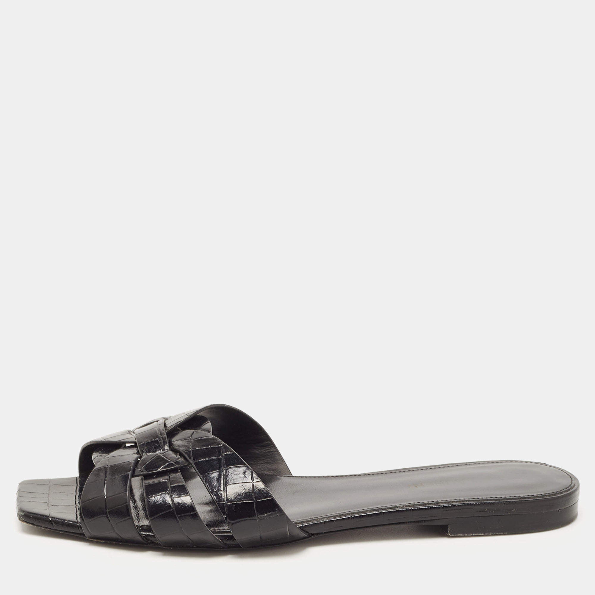 Saint Laurent Black Croc Embossed Leather Tribute Flat Slides Size 39