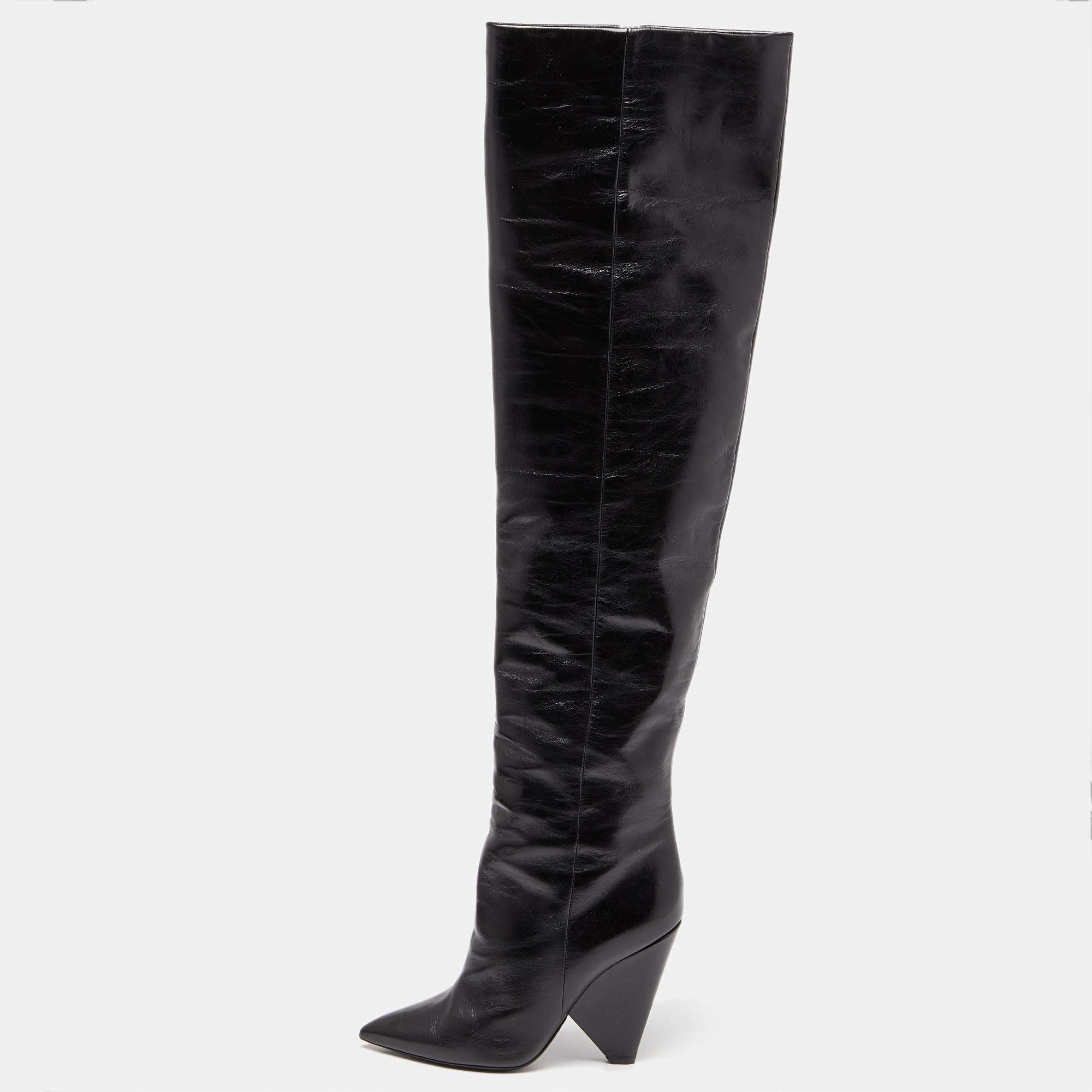 Pre Owned Saint Laurent Black Patent Leather Niki Over The Knee Boots Size 38