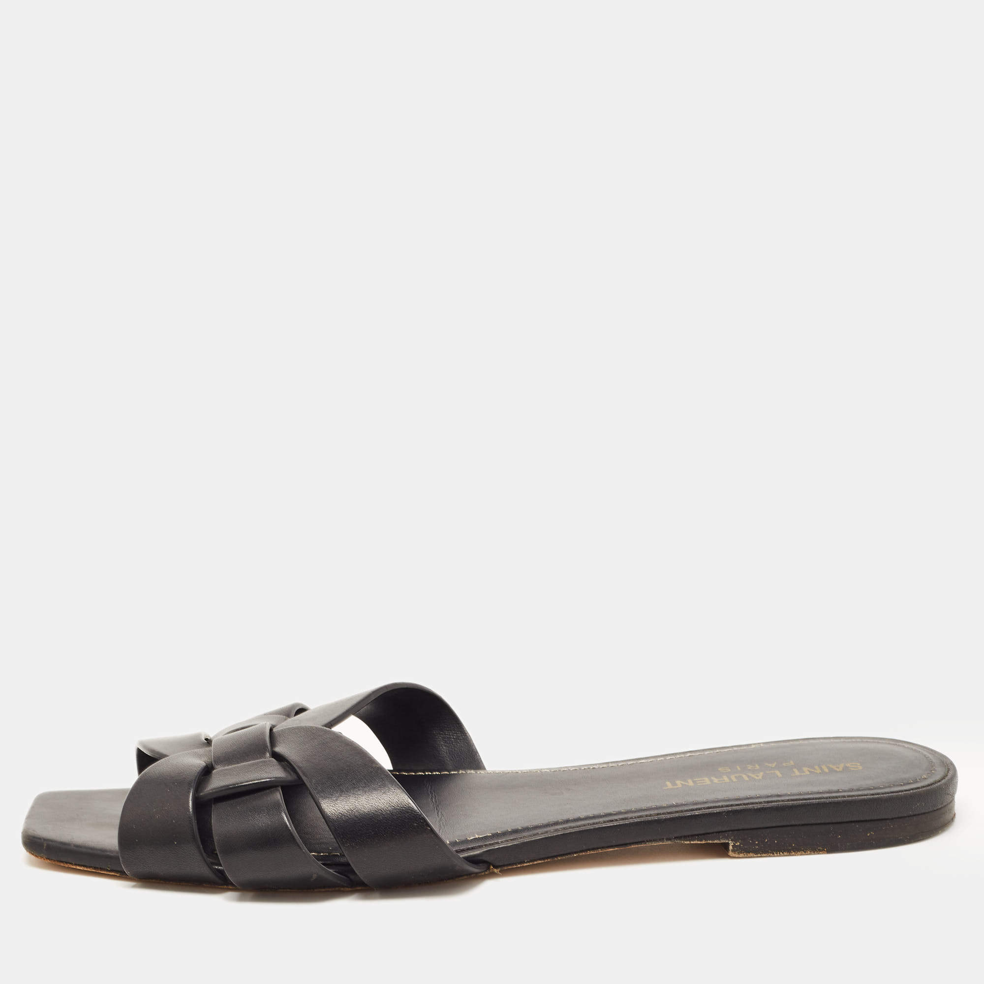 Saint Laurent Black Leather Tribute Flat Slides Size 39