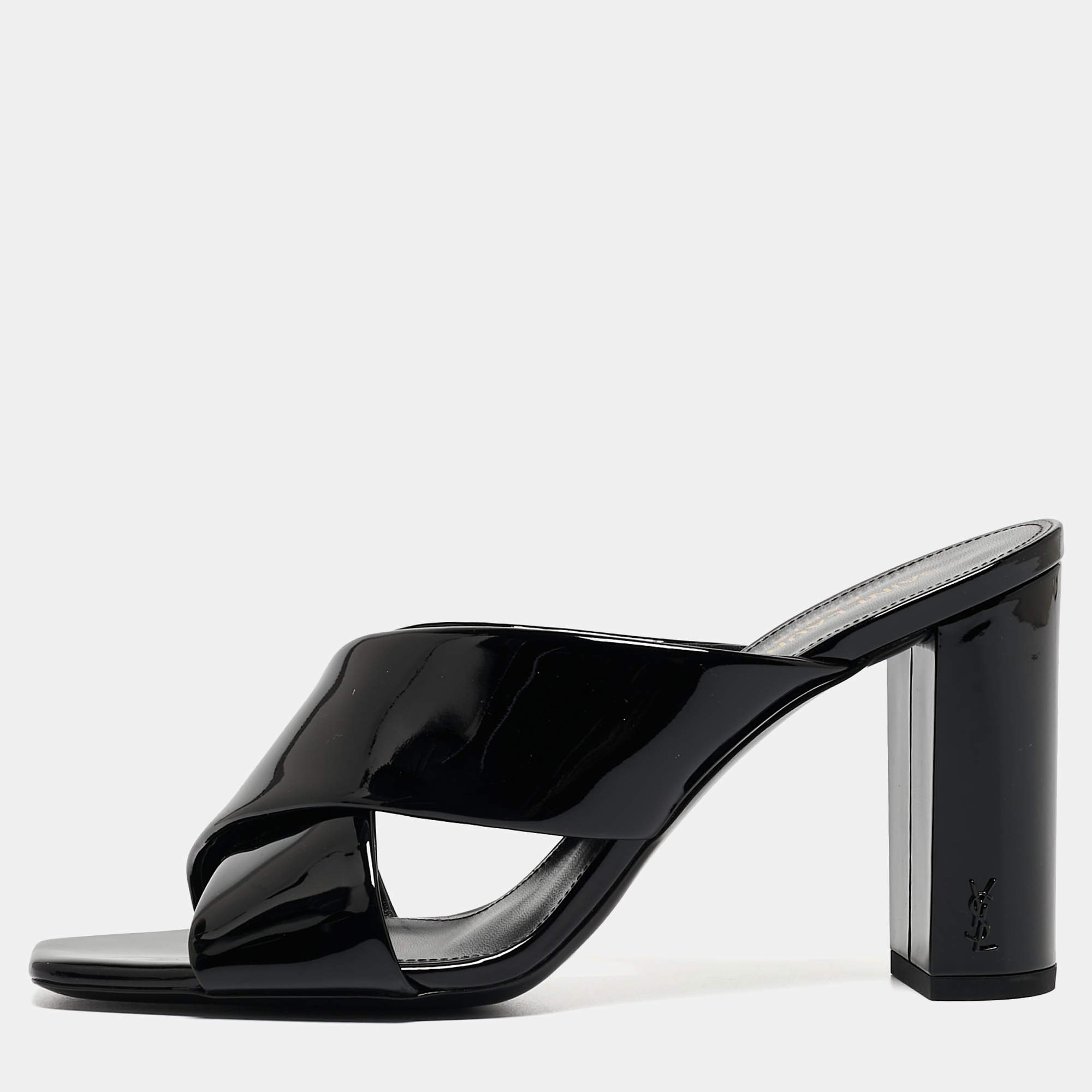 Pre Owned Saint Laurent Paris Black Patent Leather Loulou Criss Cross Slide Sandals Size 38.5