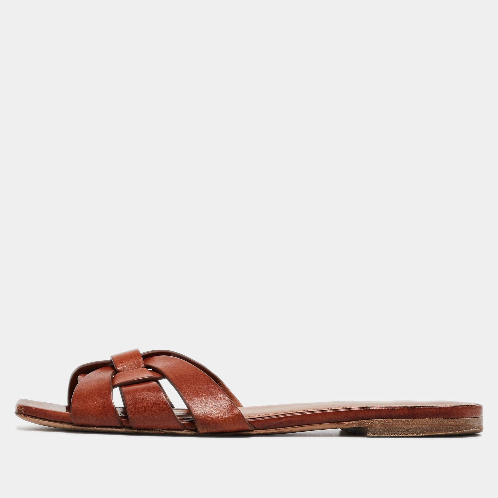 Pre Owned Saint Laurent Brown Leather Tribute Slides Size 36