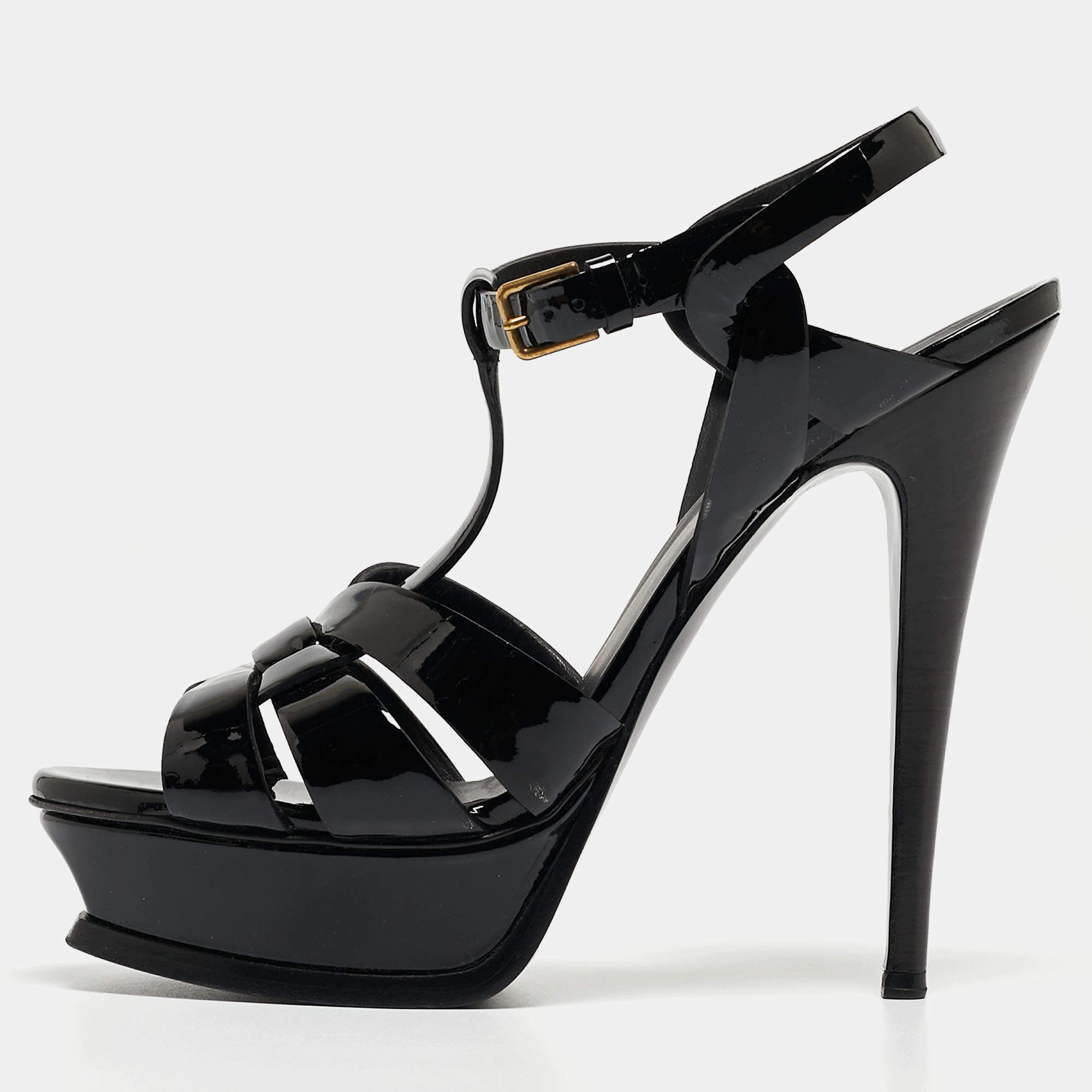 Pre Owned Saint Laurent Black Patent Leather Tribute Sandals Size 38