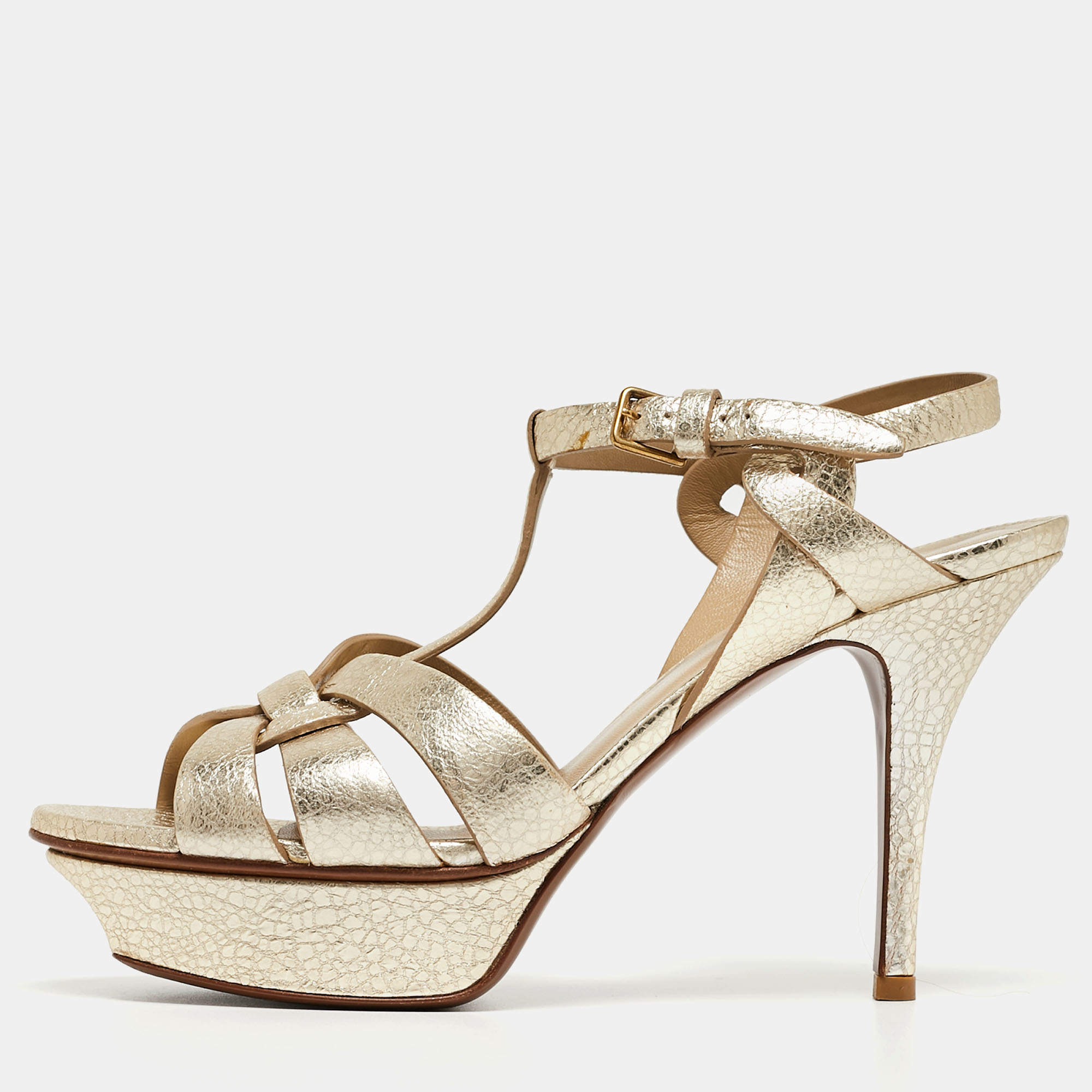 Saint Laurent Gold Leather Tribute Sandals Size 37.5