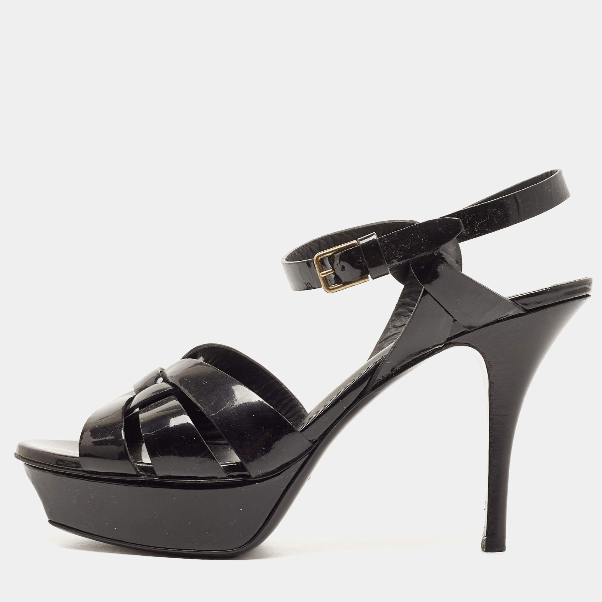 Pre Owned Saint Laurent Black Patent Leather Tribute Sandals Size 37.5