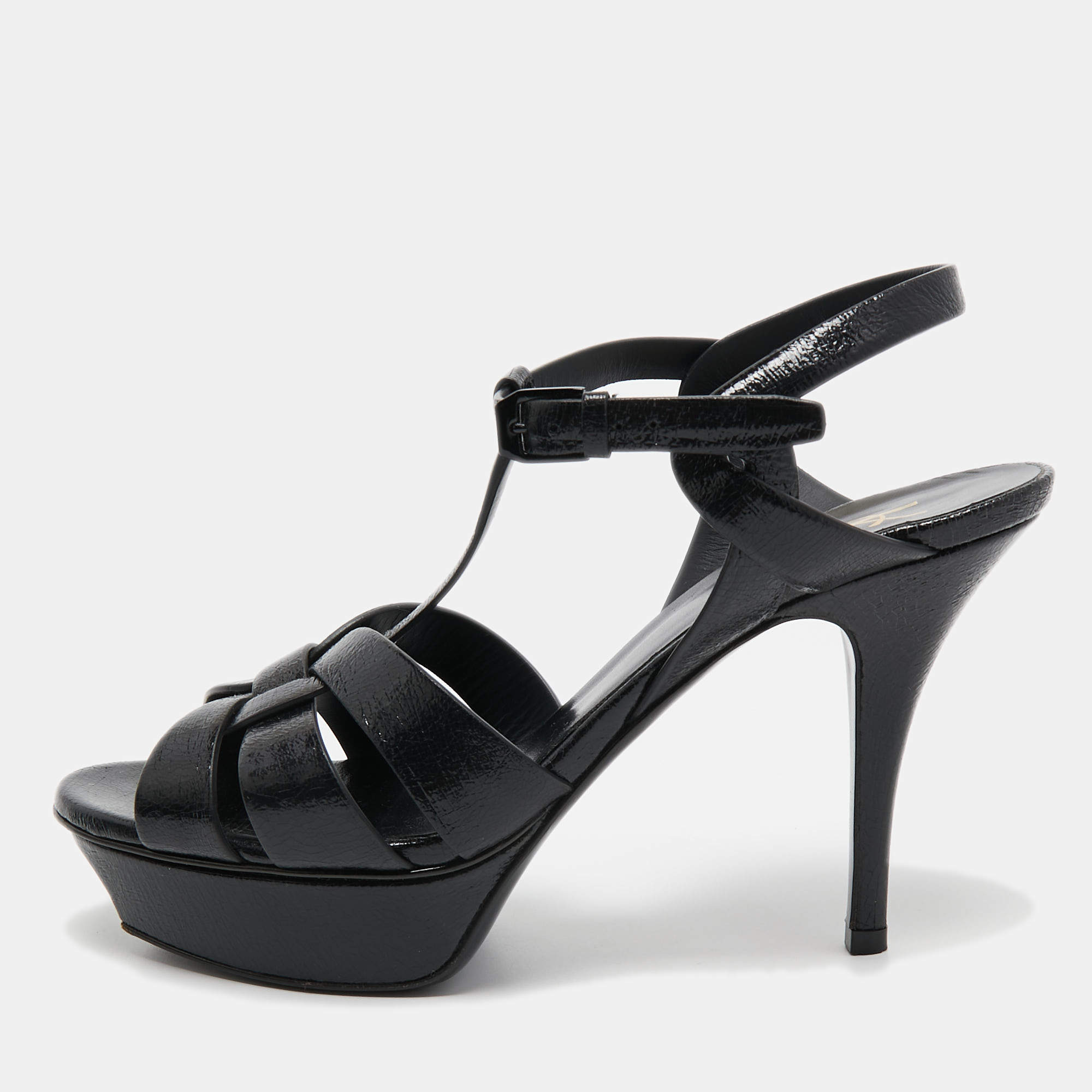 Pre Owned Saint Laurent Black Leather Tribute Ankle Strap Sandals Size 39