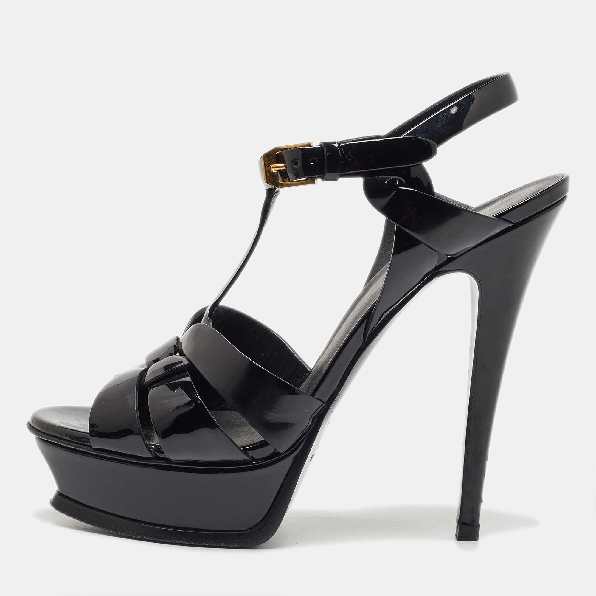 Pre Owned Saint Laurent Black Patent Leather Tribute Ankle Strap Sandals Size 37.5