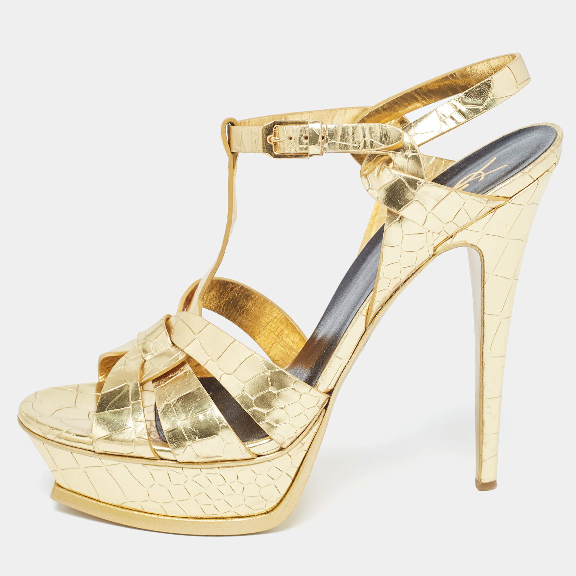 Saint Laurent Gold Croc Embossed Leather Tribute Sandals Size 41