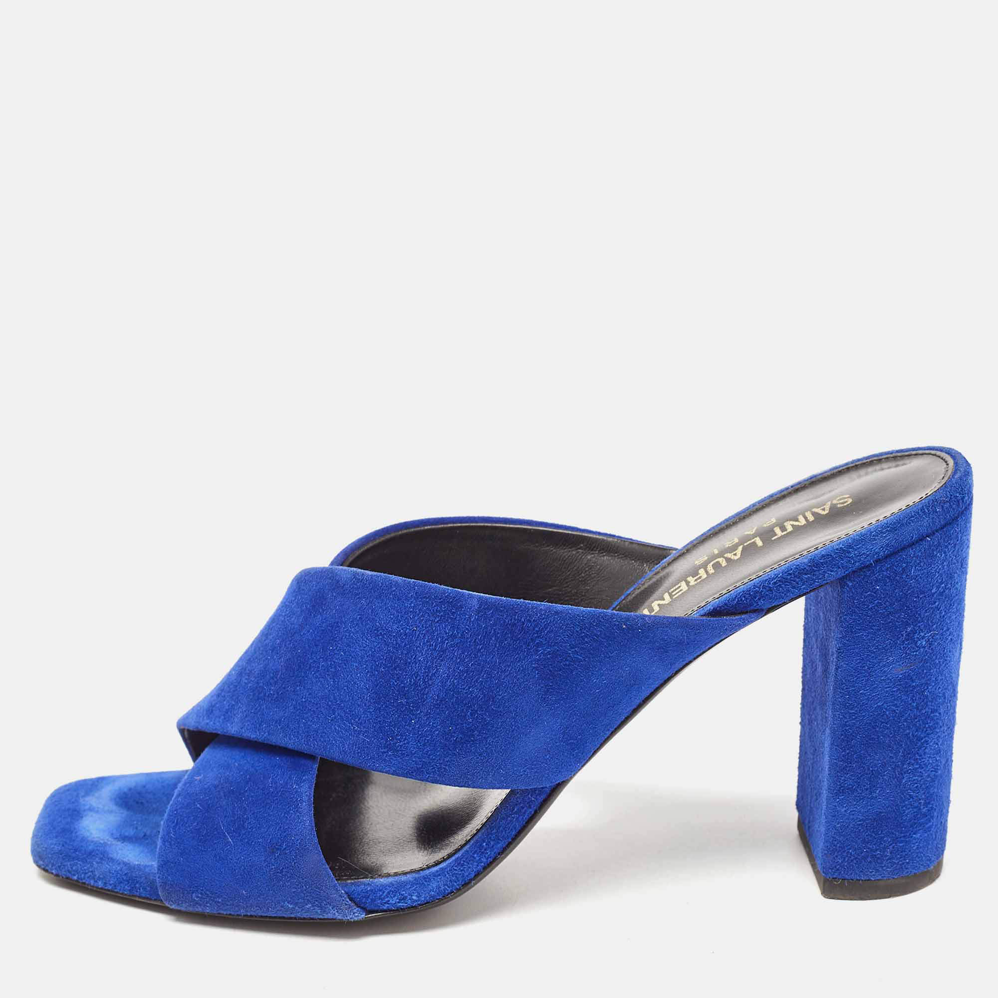Pre Owned Saint Laurent Blue  Suede Loulou Slide Sandals Size 38