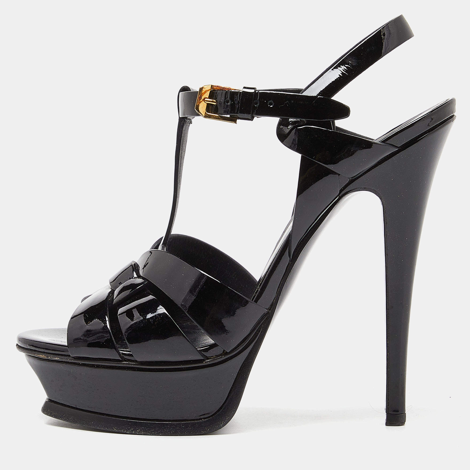 Pre Owned Saint Laurent Black Patent Leather Tribute Ankle Strap Sandals Size 37