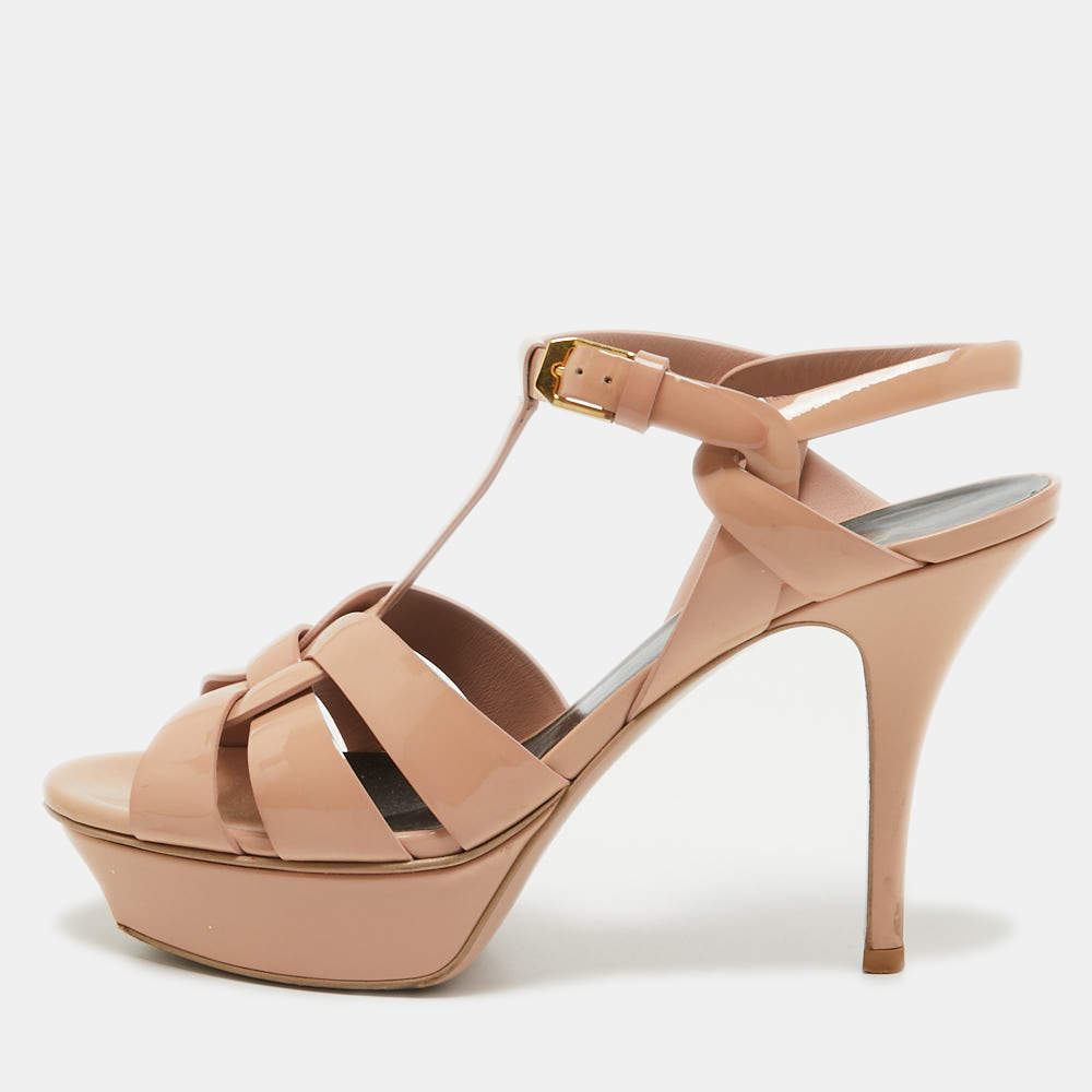 Pre Owned Saint Laurent Beige Patent Tribute Sandals Size 38