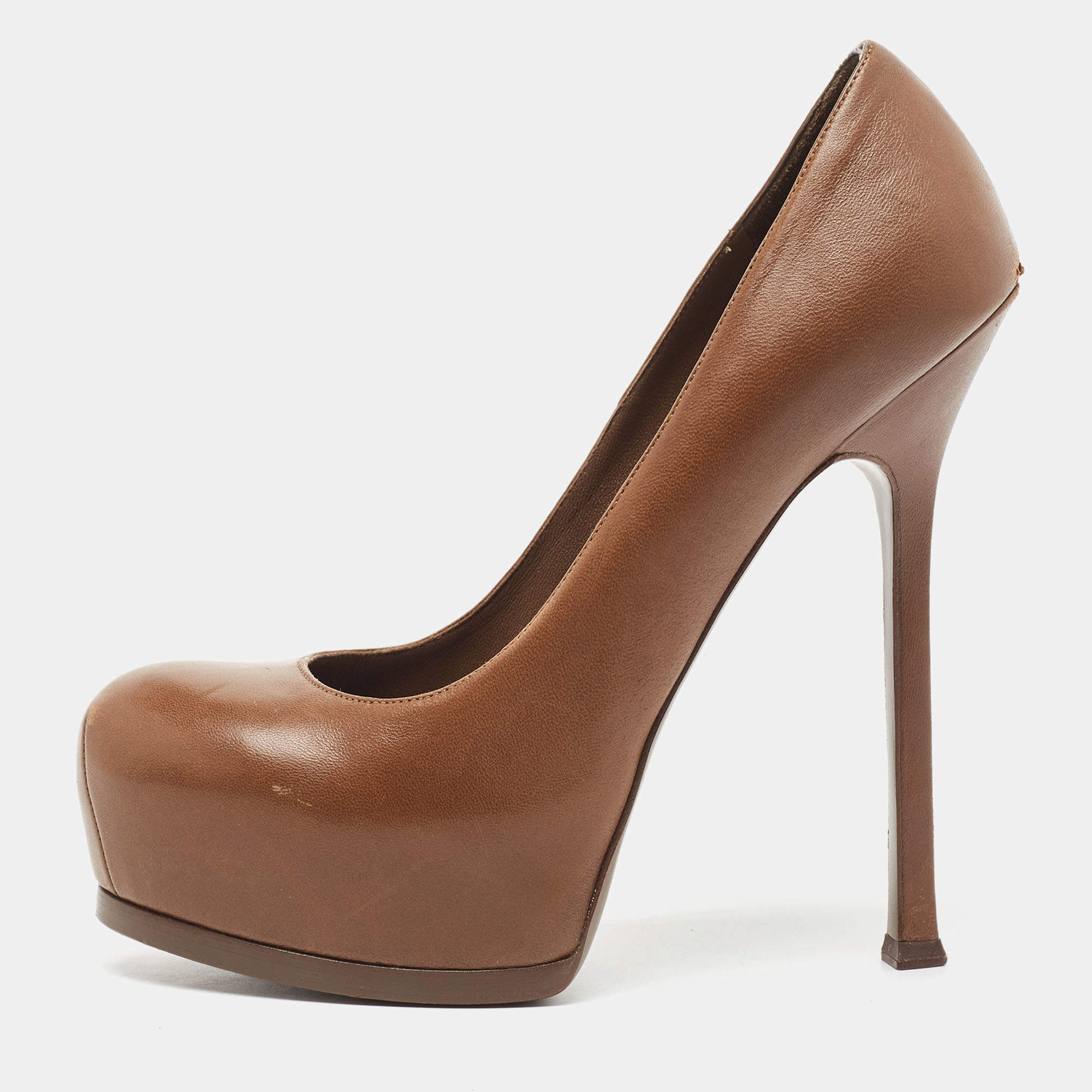 Saint Laurent Brown Leather Tribtoo Platform Pumps Size 39