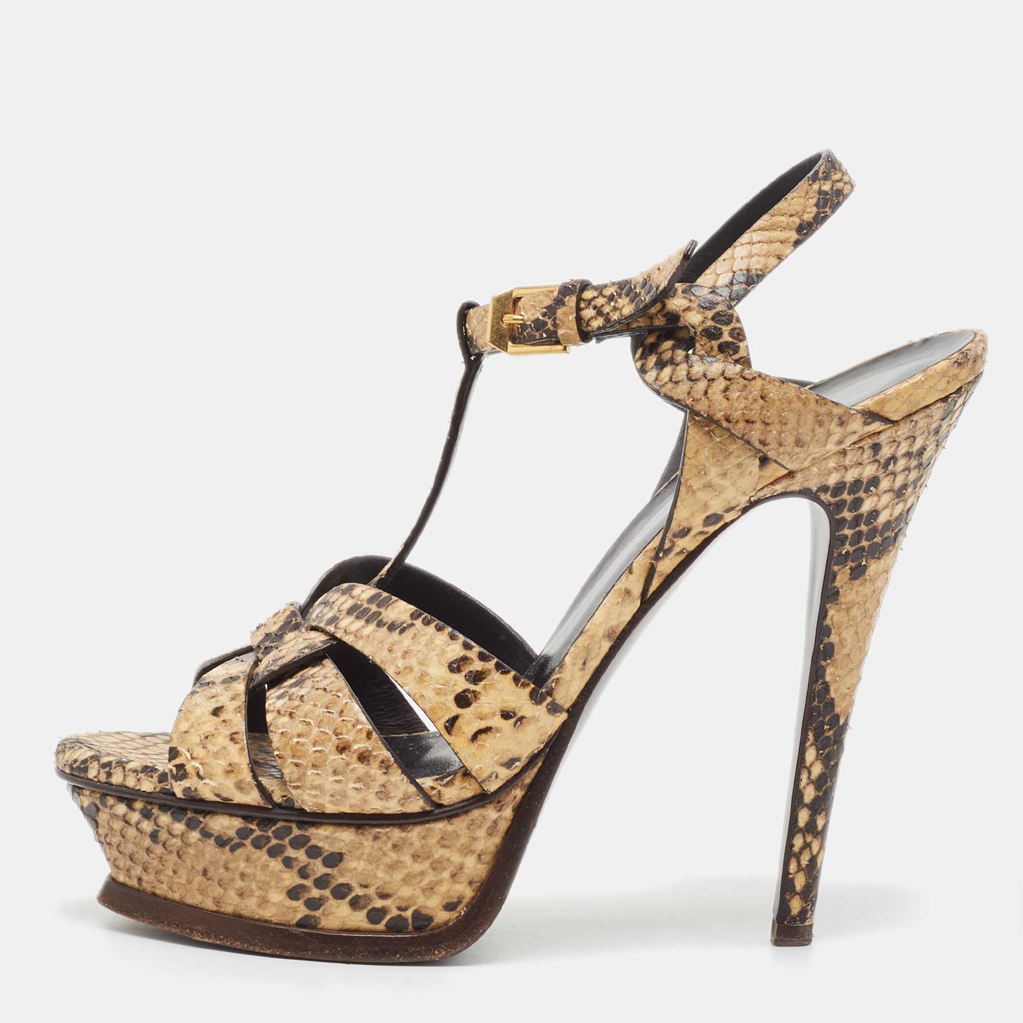 مملوكة مسبقًا Saint Laurent Two Tone Embossed Snakeskin Tribute Sandals Size 36.5