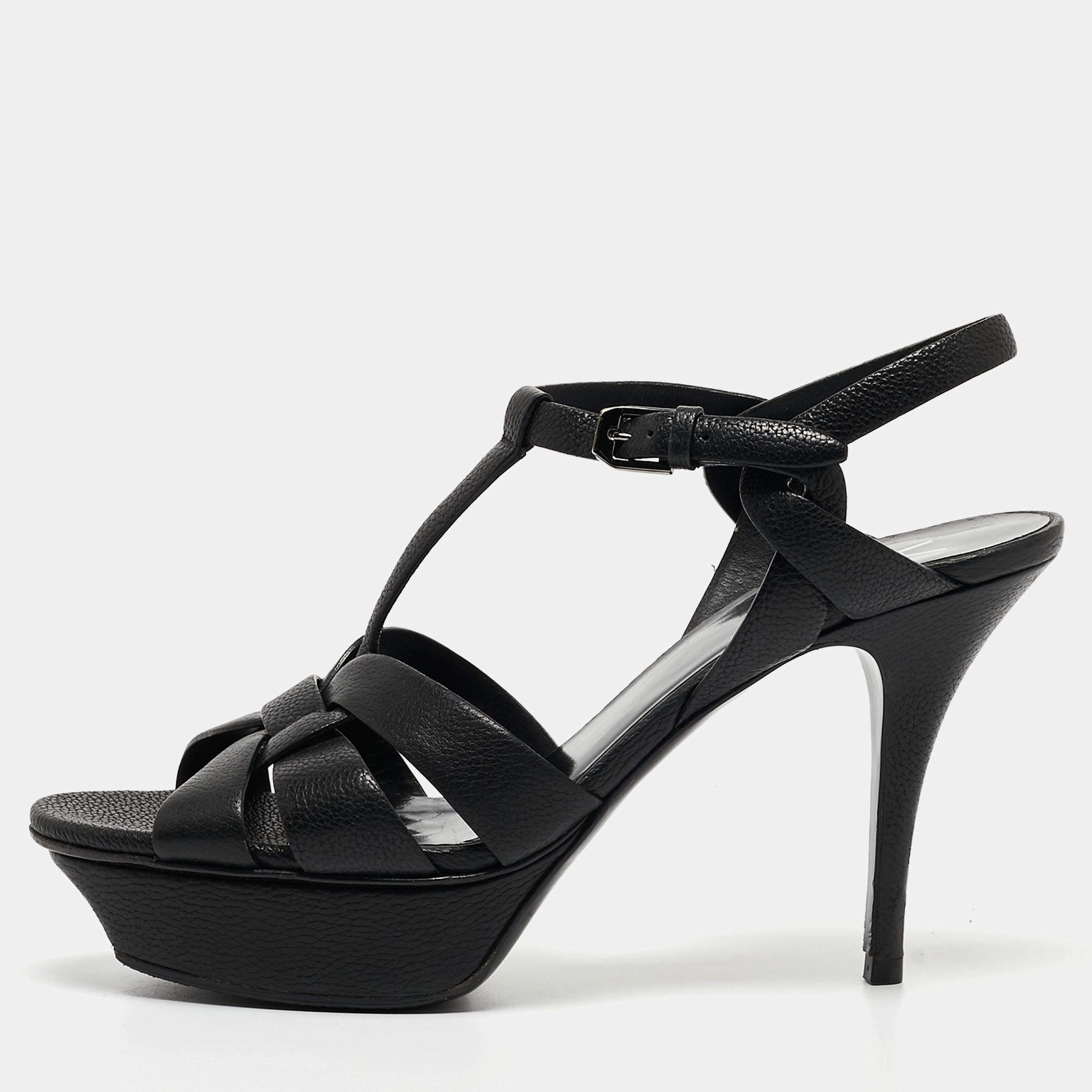 Pre Owned Saint Laurent Paris Black Leather Tribute Ankle Strap Sandals Size 39.5