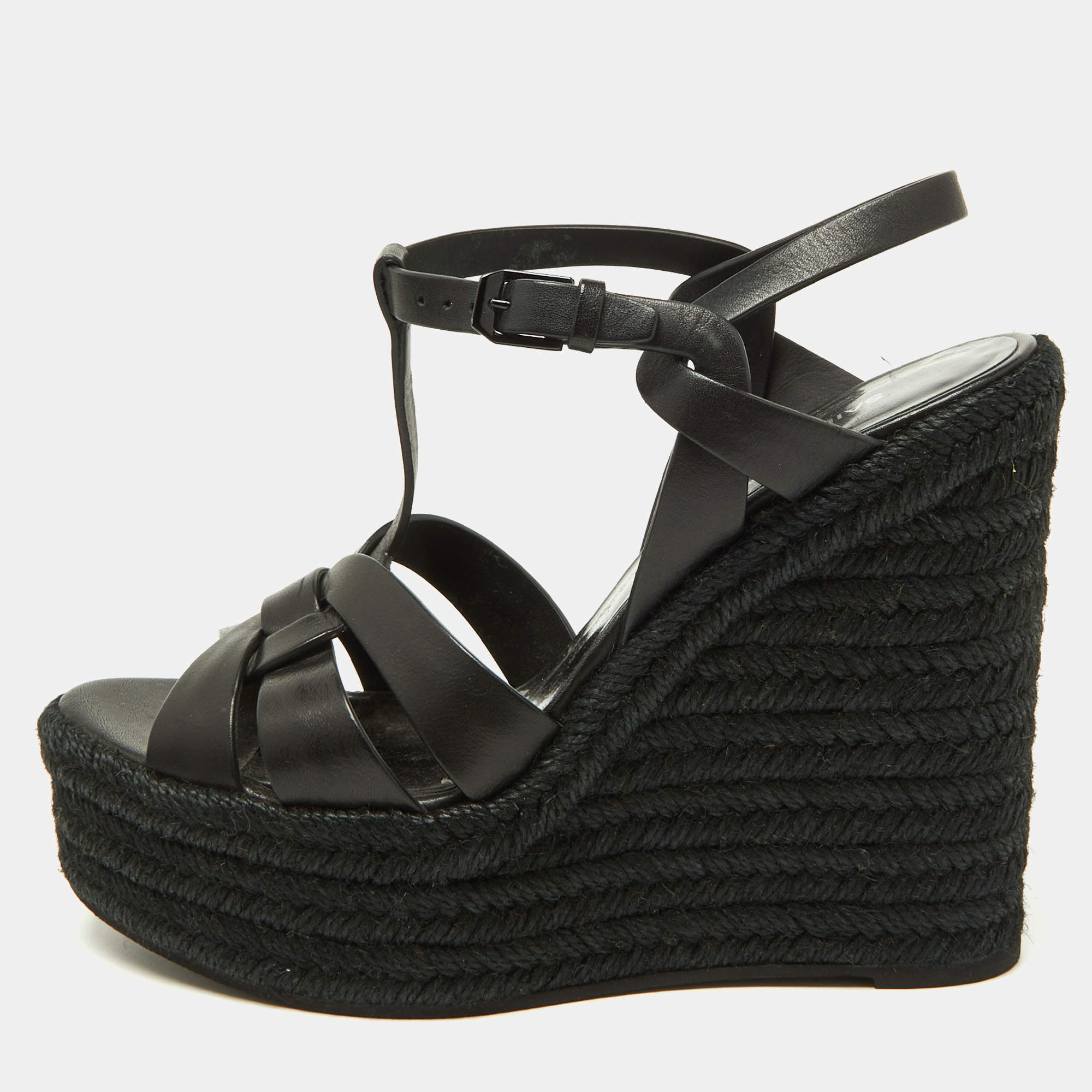 Pre Owned Saint Laurent Black Leather Tribute Espadrilles Wedge Sandals Size 38
