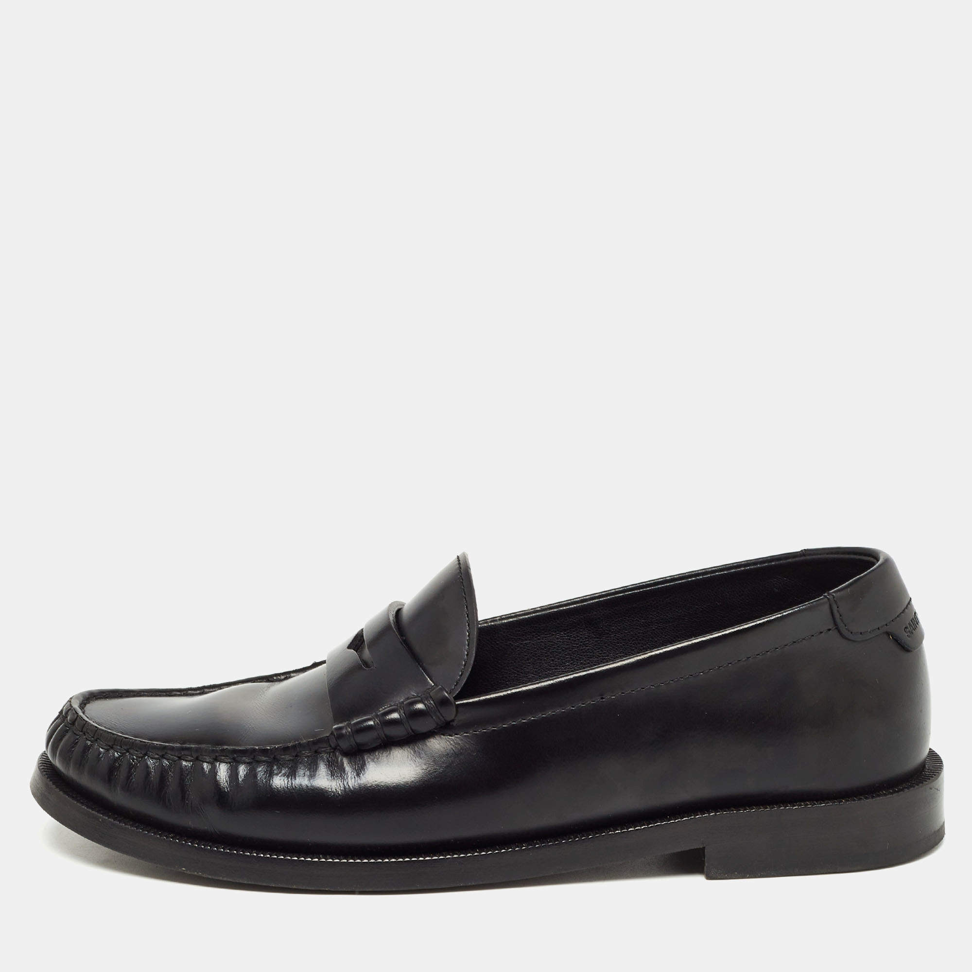 Pre Owned Saint Laurent Black Leather Slip On Loafers Size 35.5